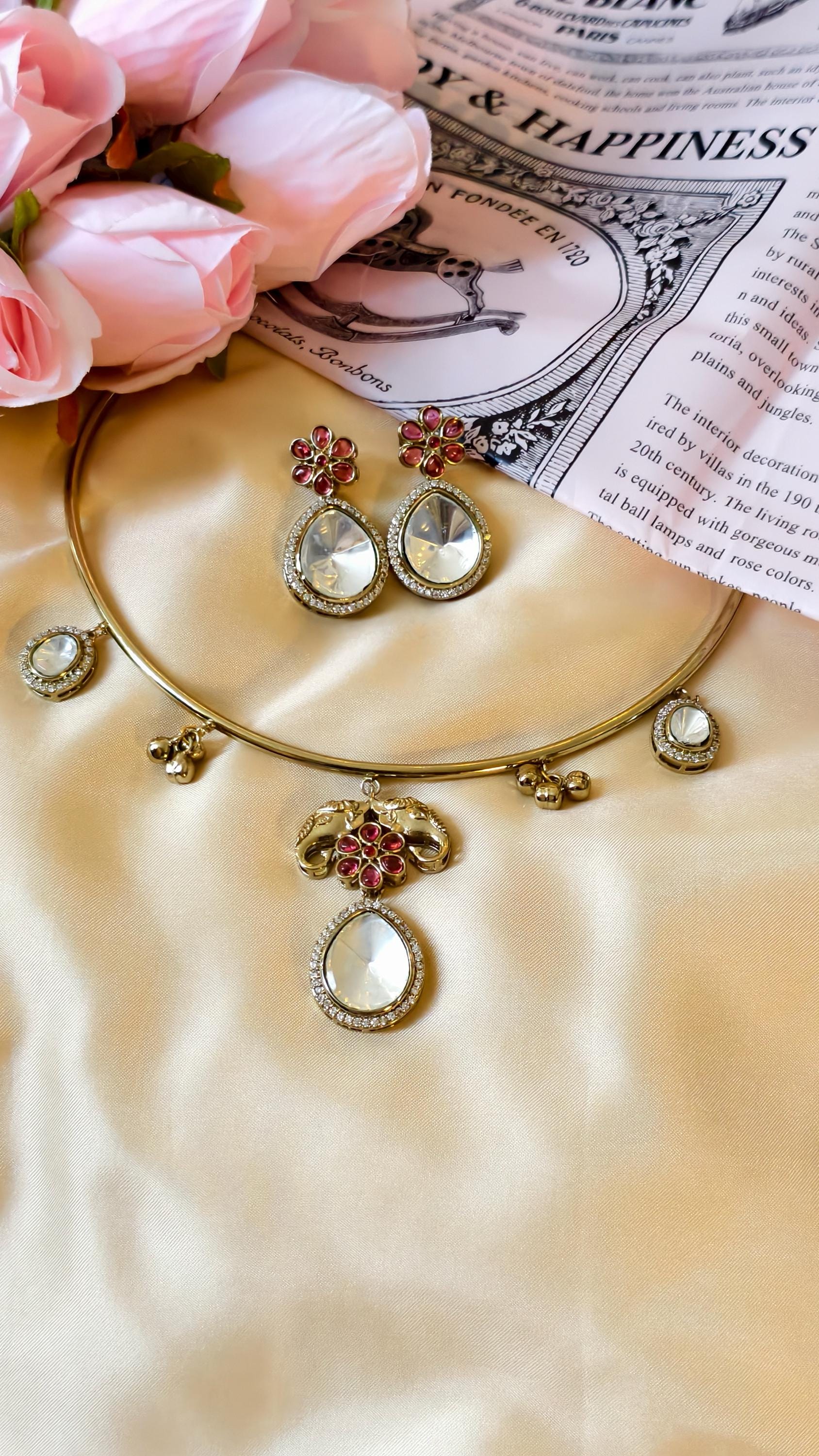 Gold Plated Elephant Hasli Necklace Set  Kundan Polki Choker  Traditional Indian Wedding Jewelry