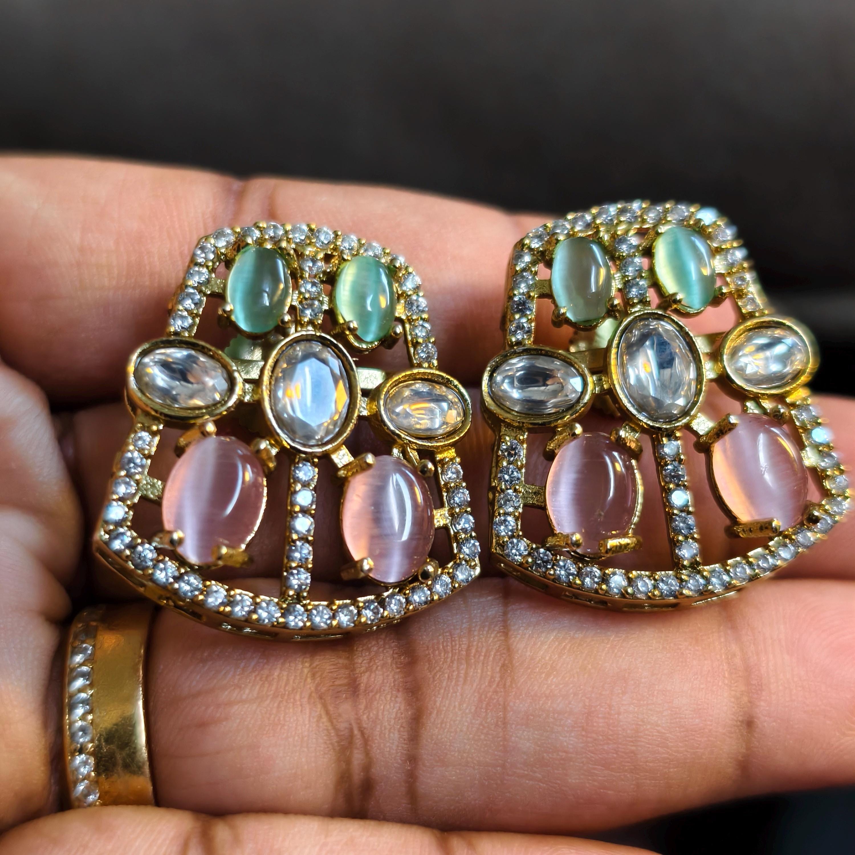 Pastel Kundan Choker Necklace Set, Mint Green Blush Pink Polki Earrings