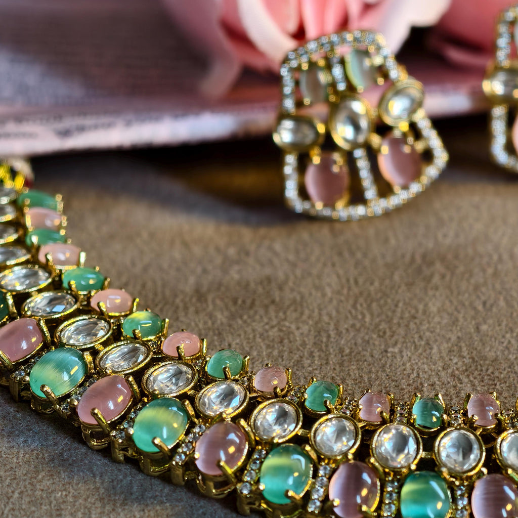 Pastel Kundan Choker Necklace Set, Mint Green Blush Pink Polki Earrings