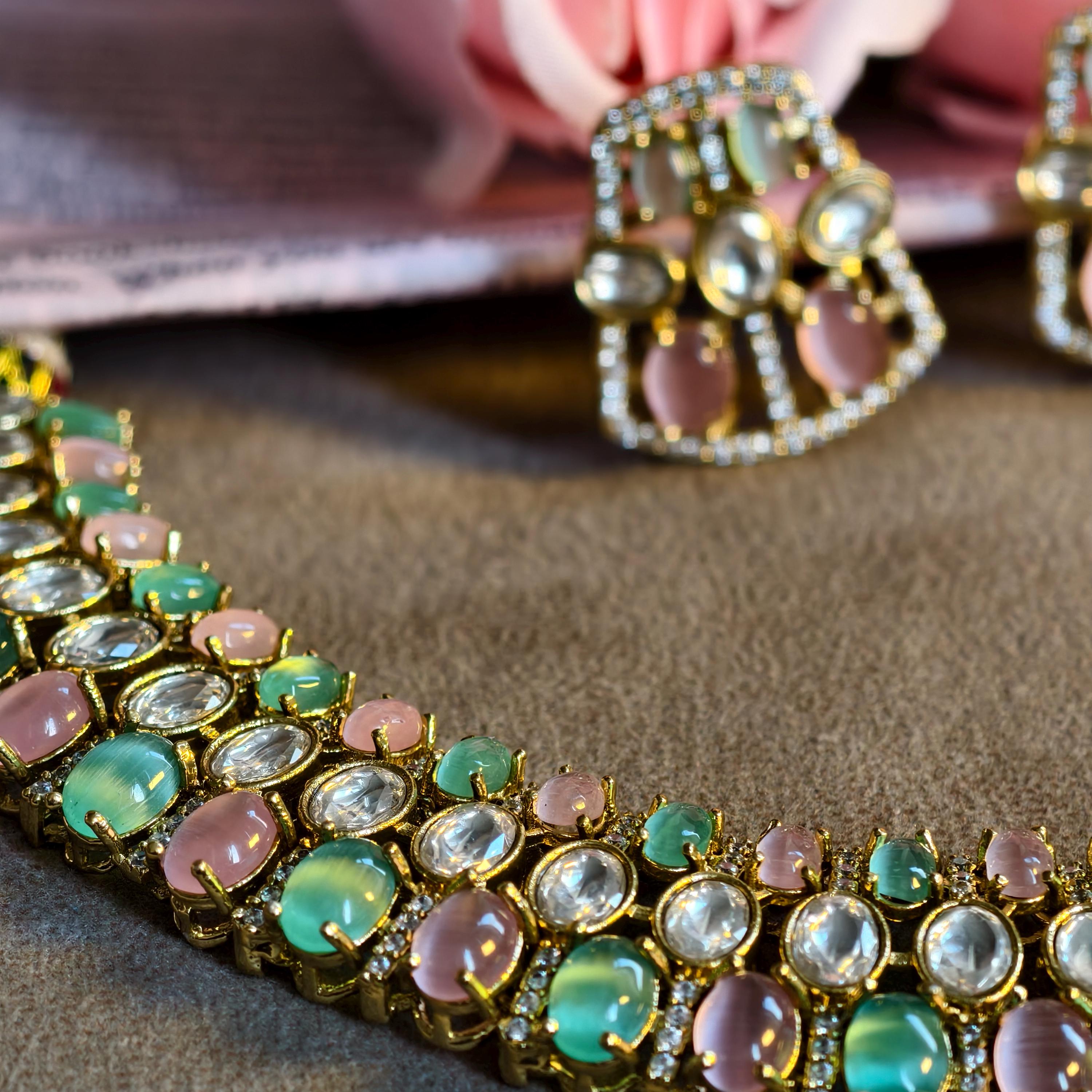 Pastel Kundan Choker Necklace Set, Mint Green Blush Pink Polki Earrings