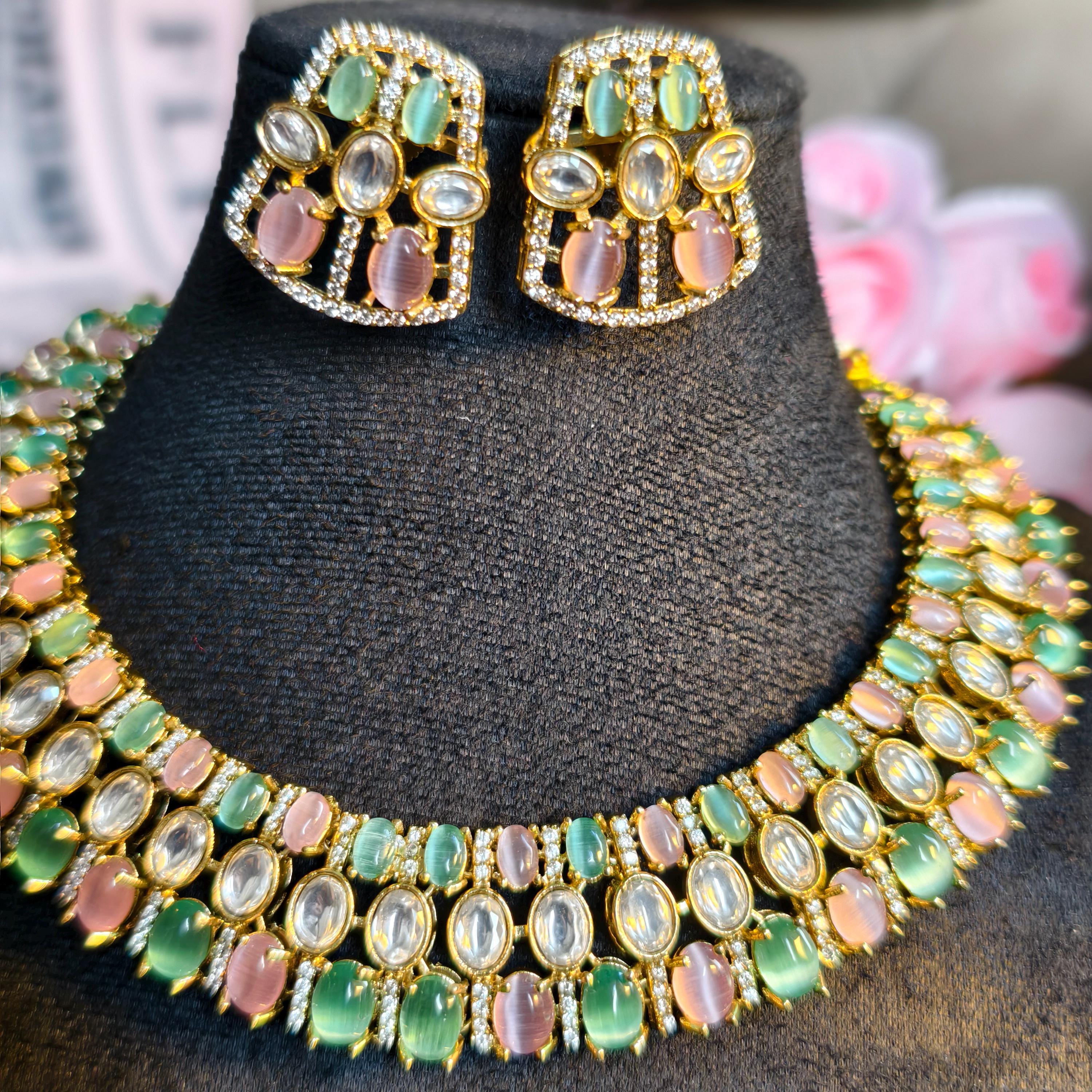 Pastel Kundan Choker Necklace Set, Mint Green Blush Pink Polki Earrings
