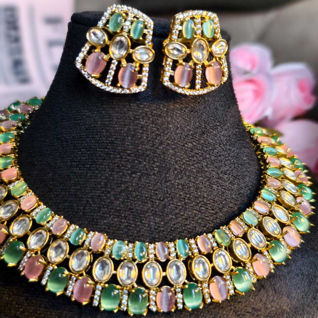 Pastel Kundan Choker Necklace Set, Mint Green Blush Pink Polki Earrings
