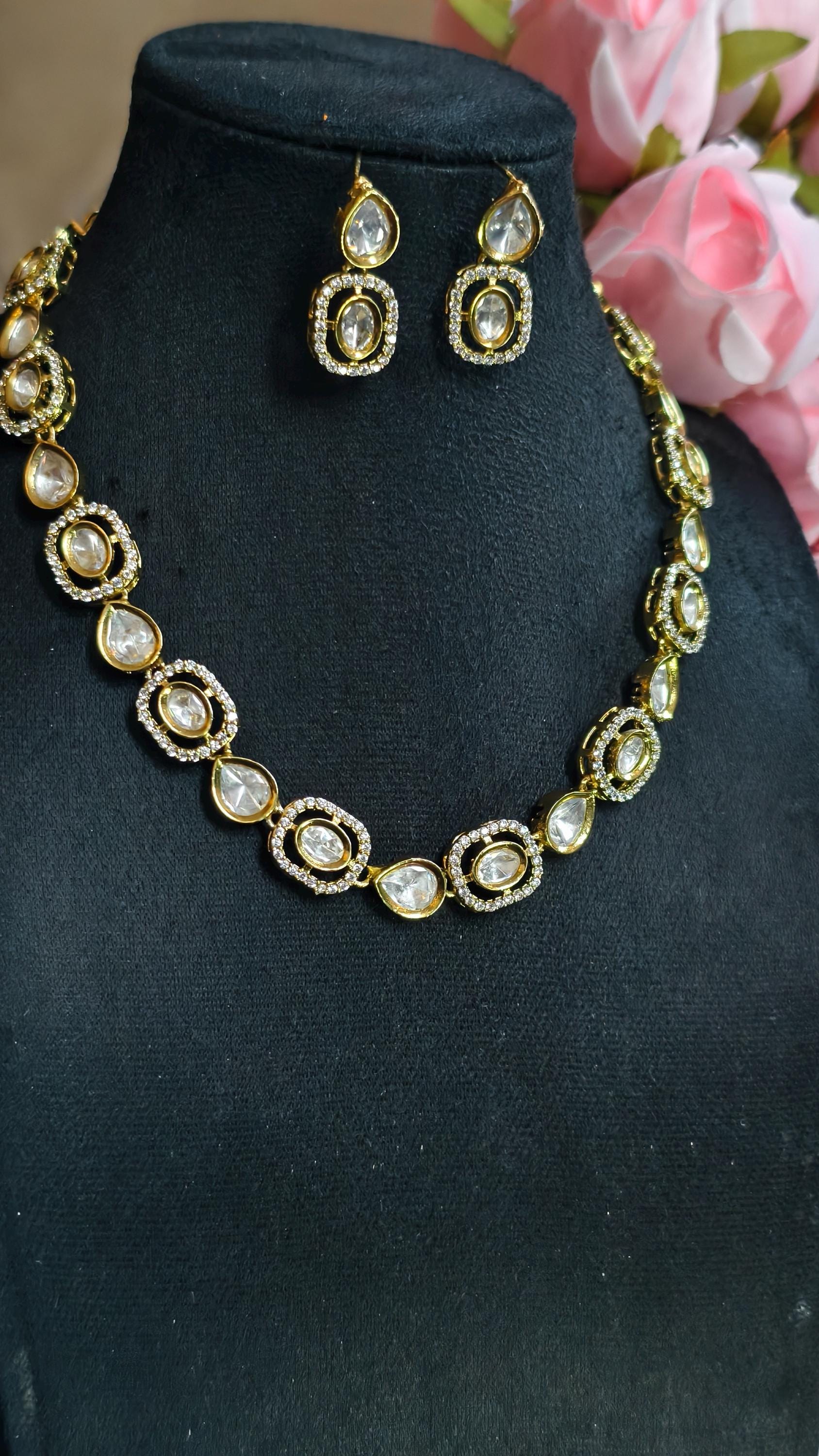 Gold Plated Kundan Necklace Earrings Set | Uncut Polki Bridal Jewelry