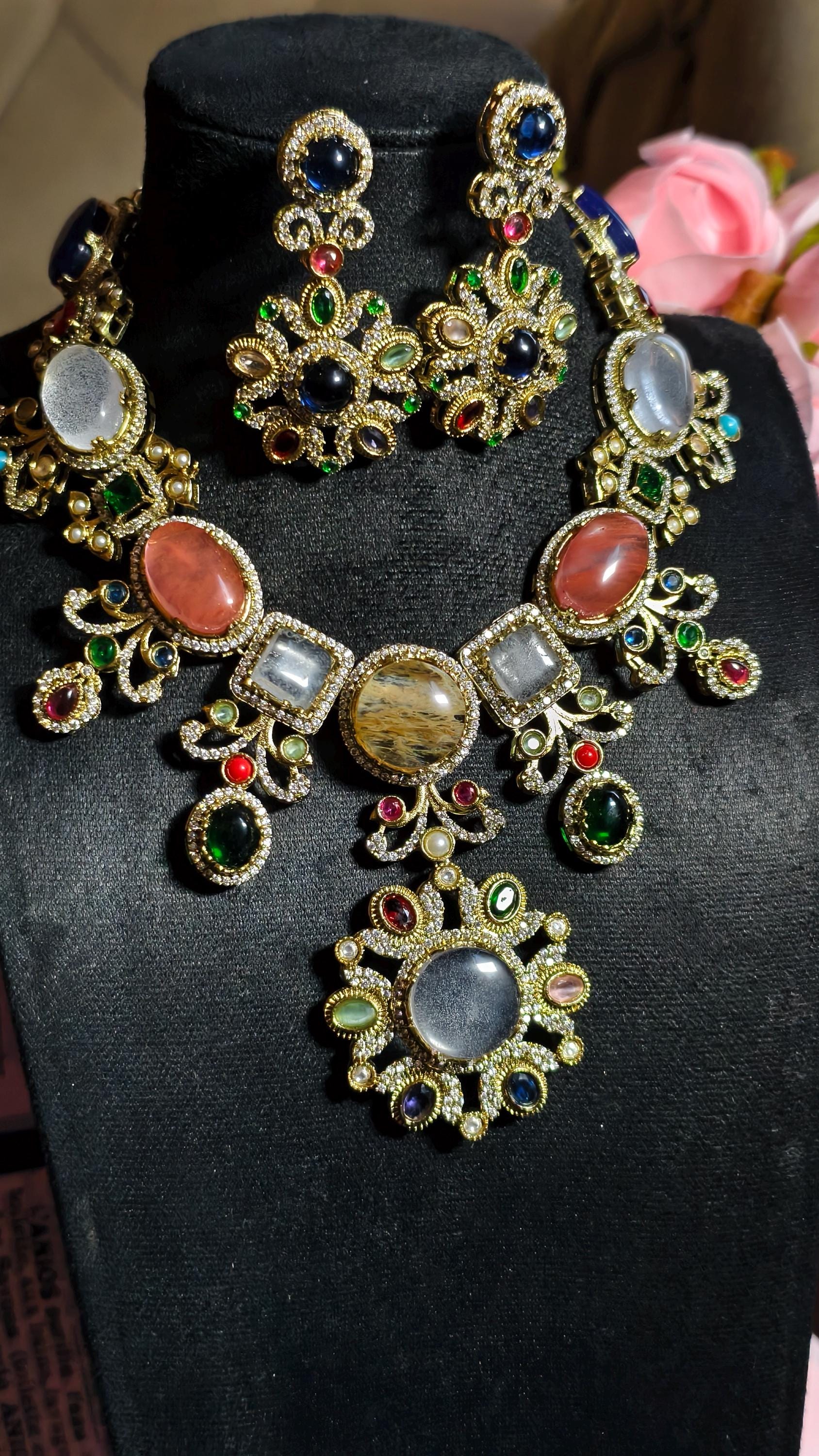 Sabyasachi Inspired Bridal Jewelry Set | Multi-Gemstone Statement Necklace, Floral Earrings | Victorian Polki Kundan Style