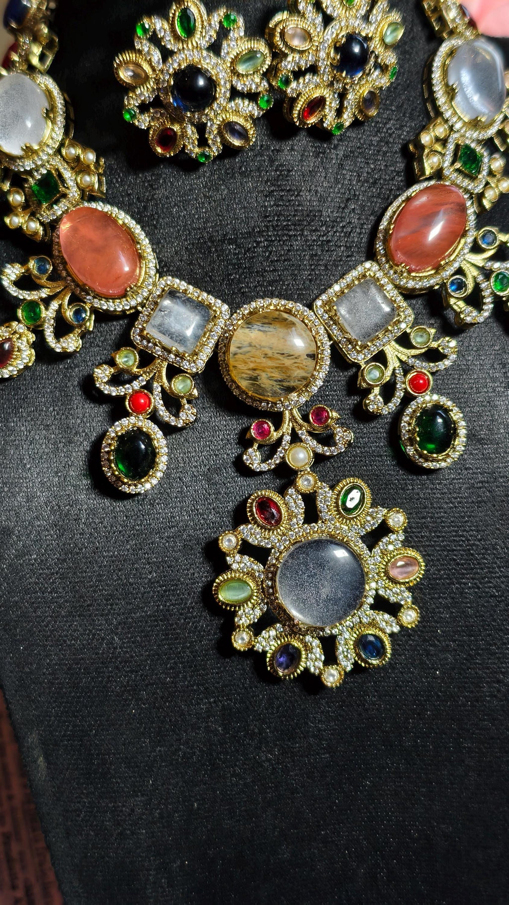 Sabyasachi Inspired Bridal Jewelry Set | Multi-Gemstone Statement Necklace, Floral Earrings | Victorian Polki Kundan Style