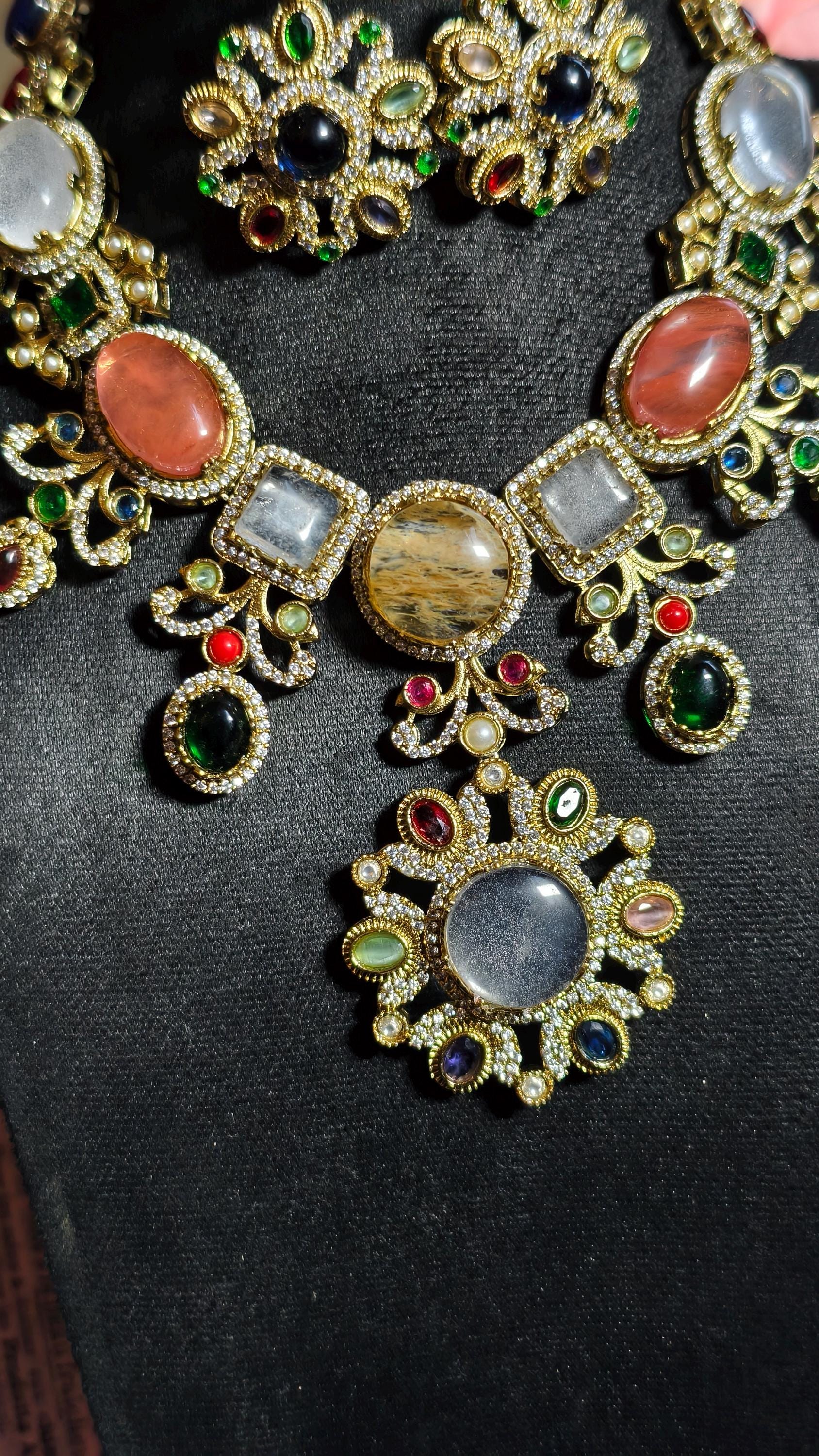 Sabyasachi Inspired Bridal Jewelry Set | Multi-Gemstone Statement Necklace, Floral Earrings | Victorian Polki Kundan Style
