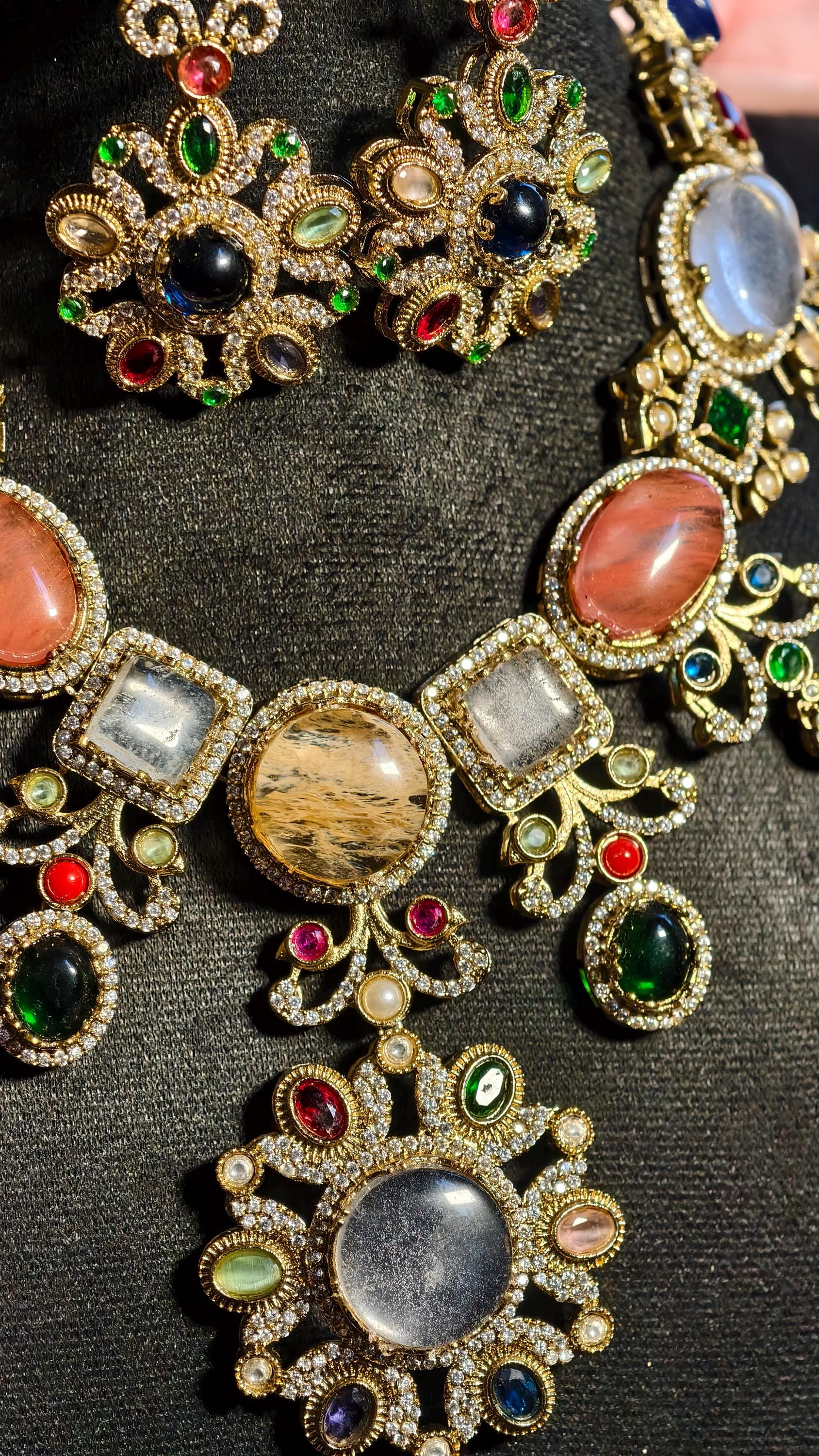 Sabyasachi Inspired Bridal Jewelry Set | Multi-Gemstone Statement Necklace, Floral Earrings | Victorian Polki Kundan Style
