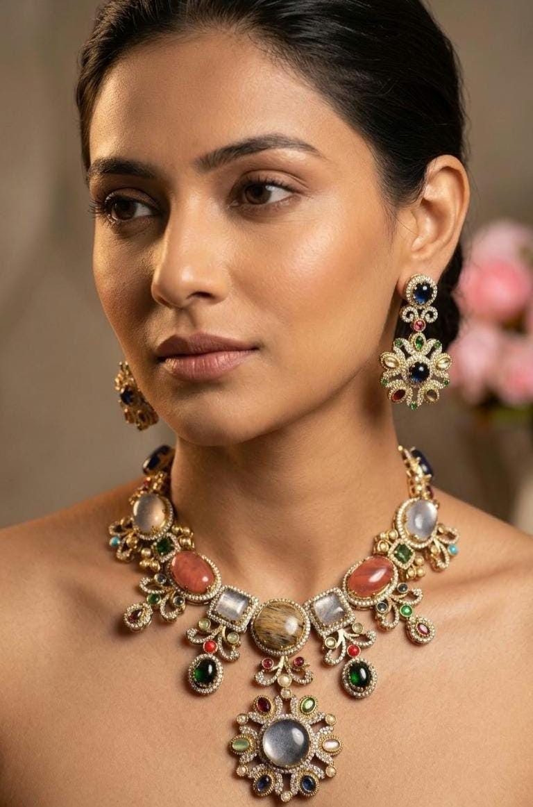 Sabyasachi Inspired Bridal Jewelry Set | Multi-Gemstone Statement Necklace, Floral Earrings | Victorian Polki Kundan Style