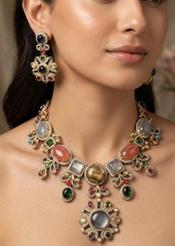 Sabyasachi Inspired Bridal Jewelry Set | Multi-Gemstone Statement Necklace, Floral Earrings | Victorian Polki Kundan Style