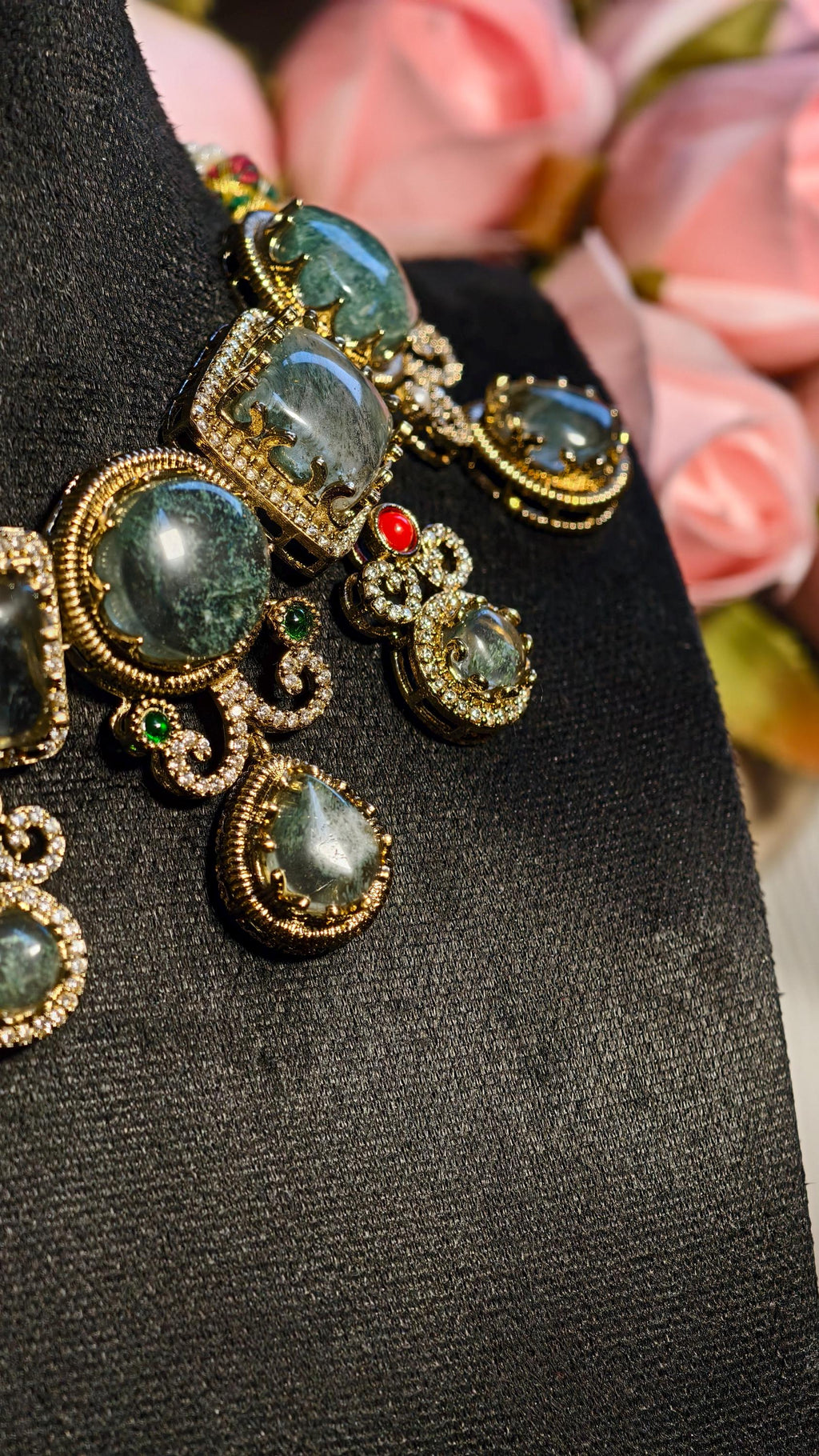 Handmade Moss Agate Choker Necklace and Earring Set, Antique Gold Victorian Boho Jewelry