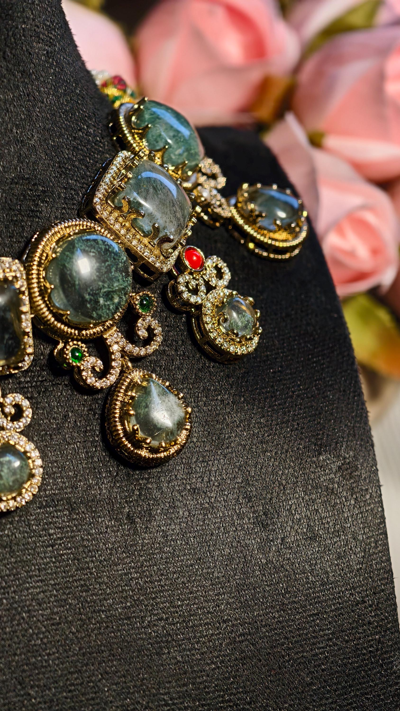 Handmade Moss Agate Choker Necklace and Earring Set, Antique Gold Victorian Boho Jewelry