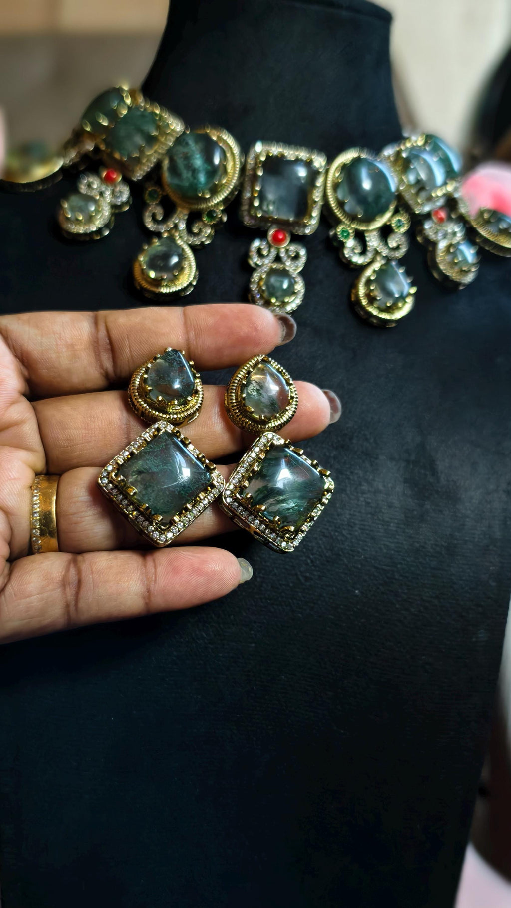 Handmade Moss Agate Choker Necklace and Earring Set, Antique Gold Victorian Boho Jewelry