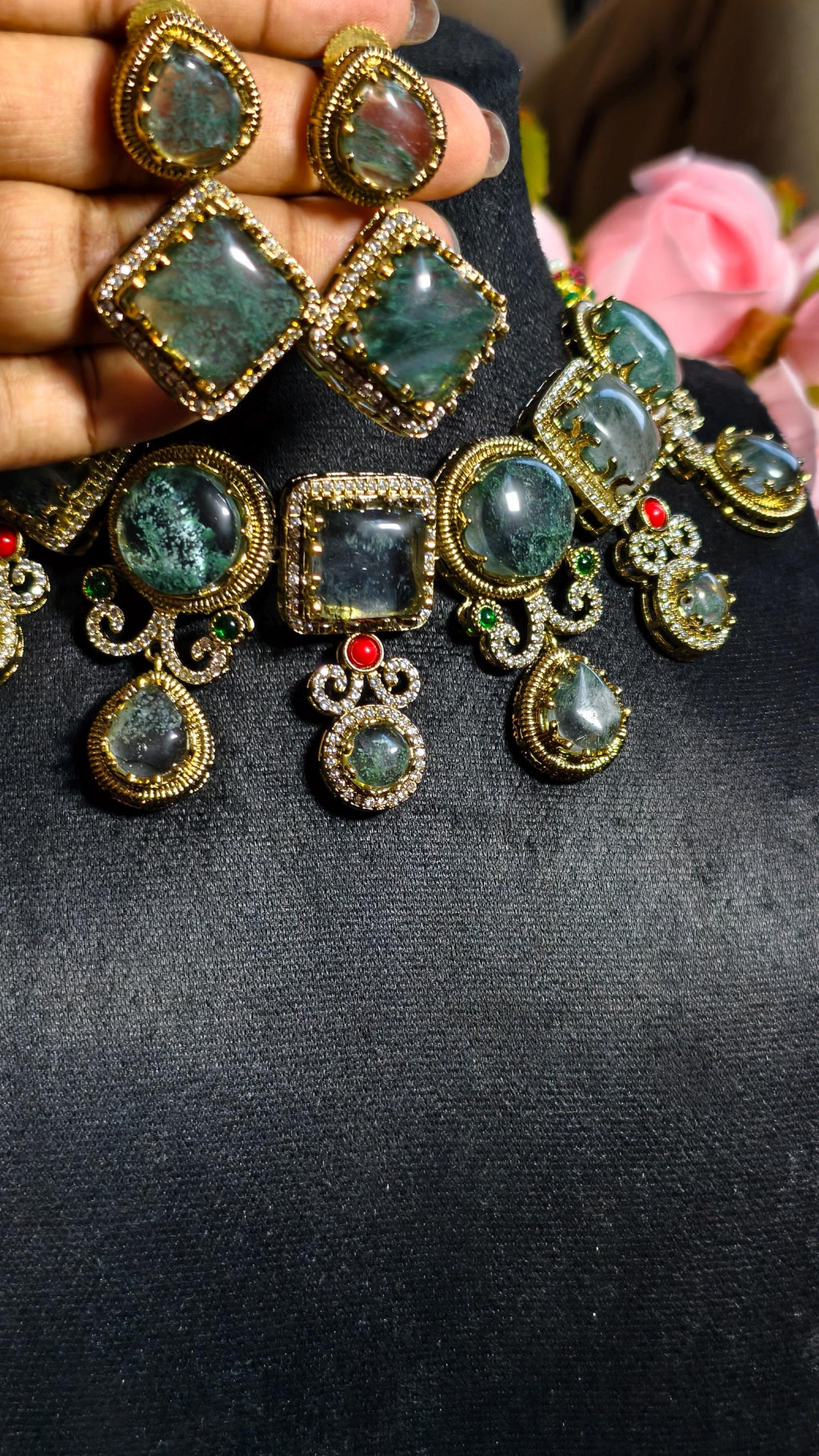 Handmade Moss Agate Choker Necklace and Earring Set, Antique Gold Victorian Boho Jewelry