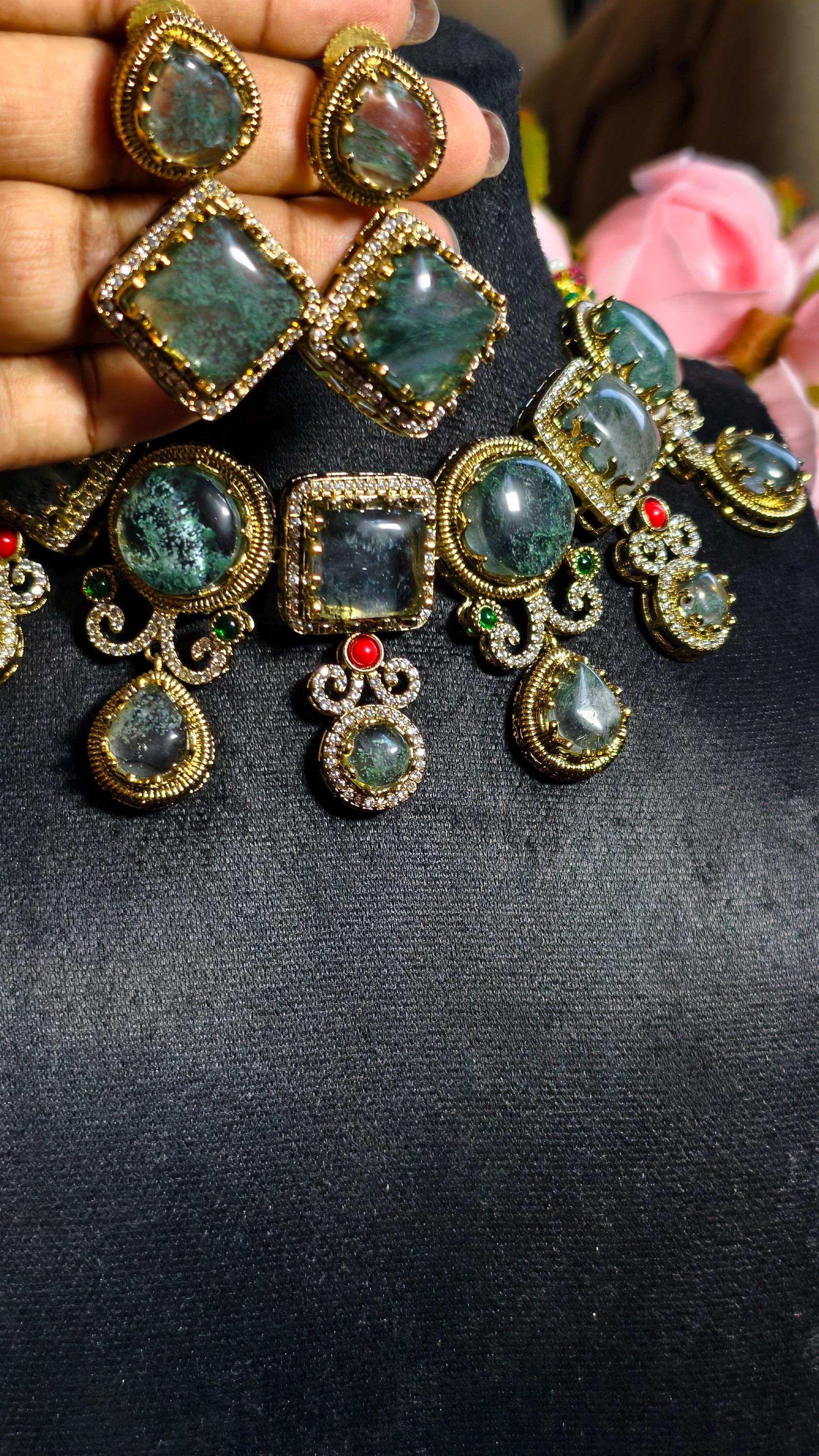 Handmade Moss Agate Choker Necklace and Earring Set, Antique Gold Victorian Boho Jewelry