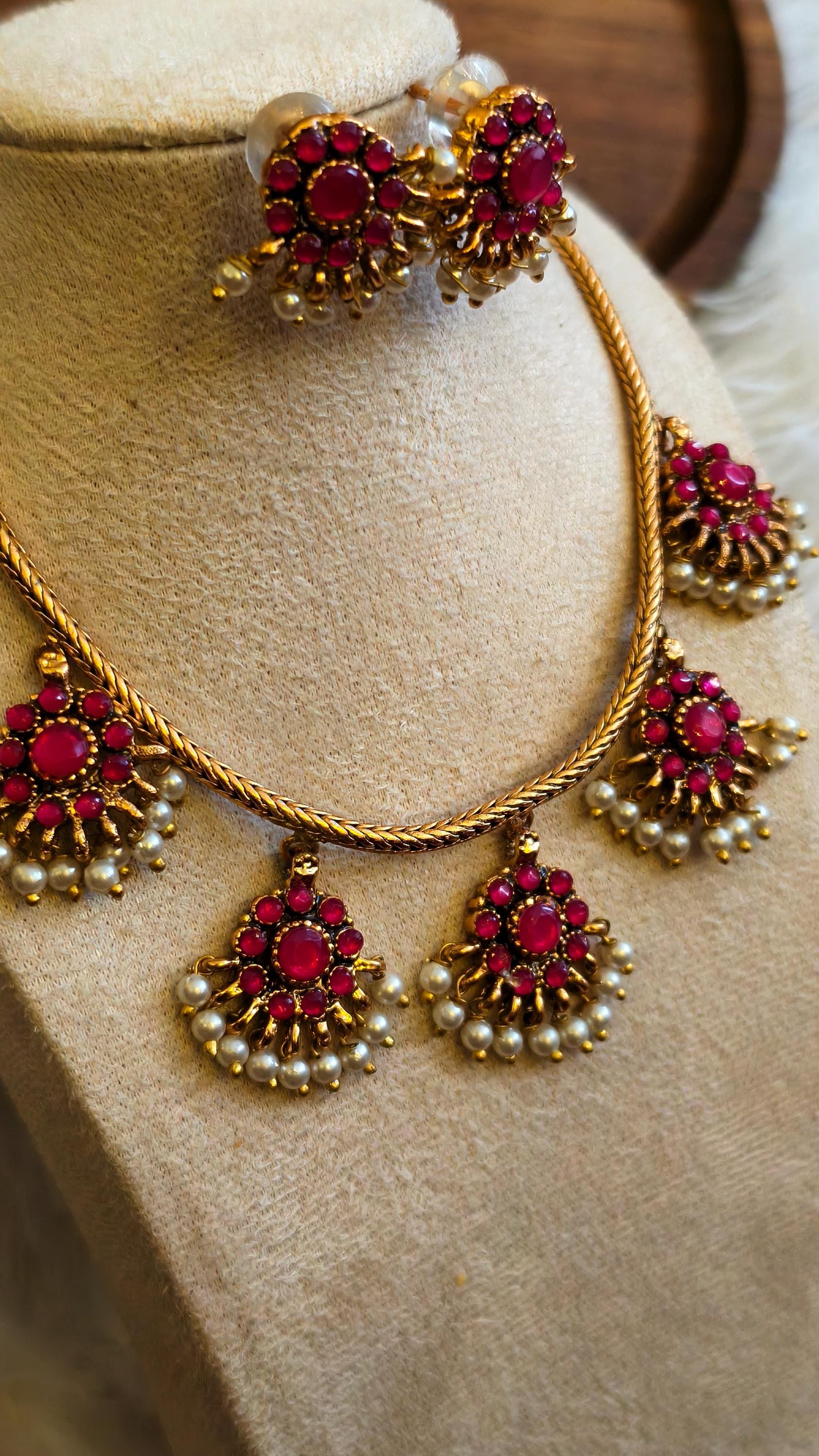 Traditional Gold Tone Kemp Stone Necklace Set | Ethnic South Indian Choker with Pearls