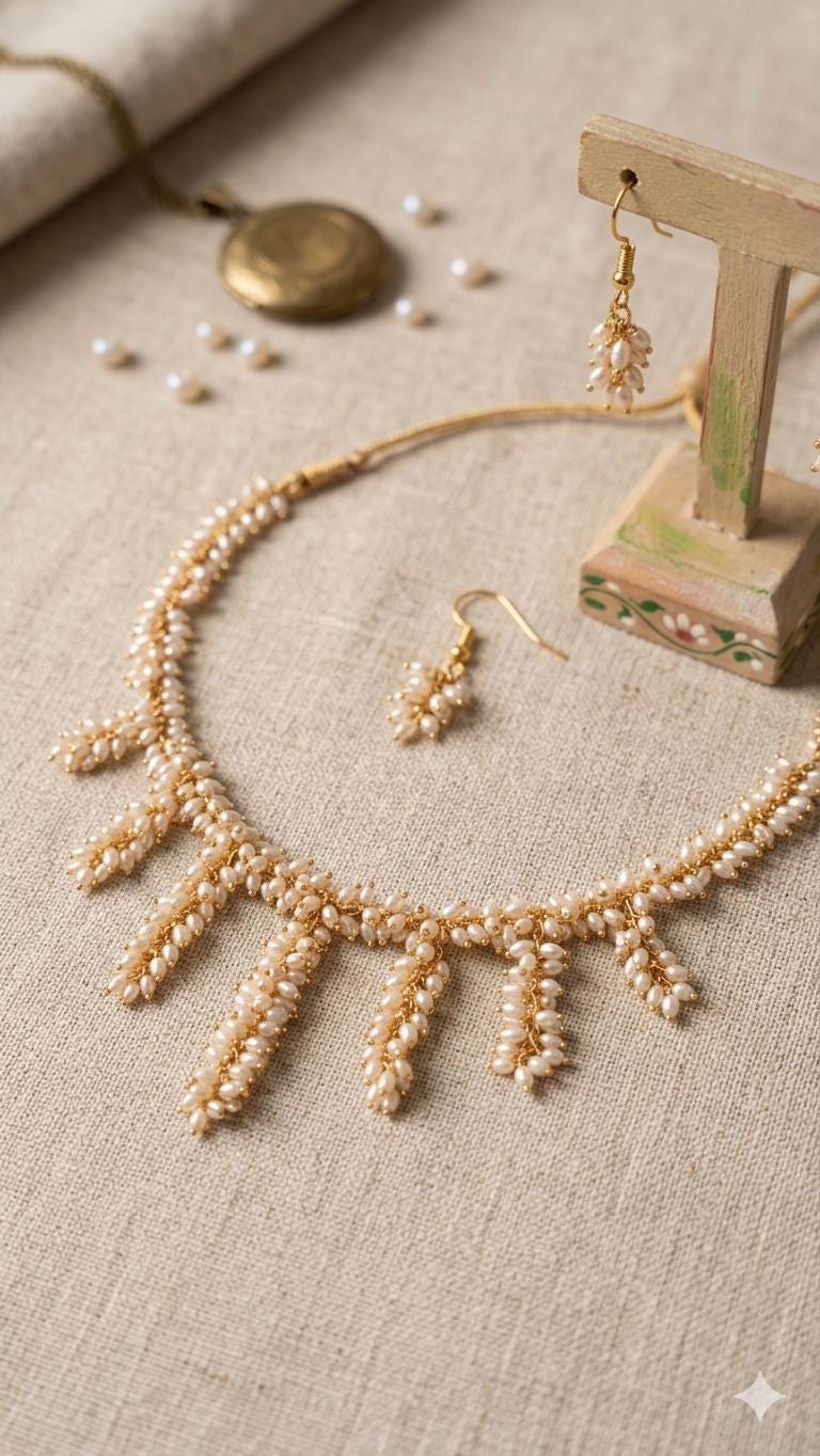 Handmade Rice Pearl Fringe Necklace and Dangle Earrings Set  Boho Bridal Jewelry