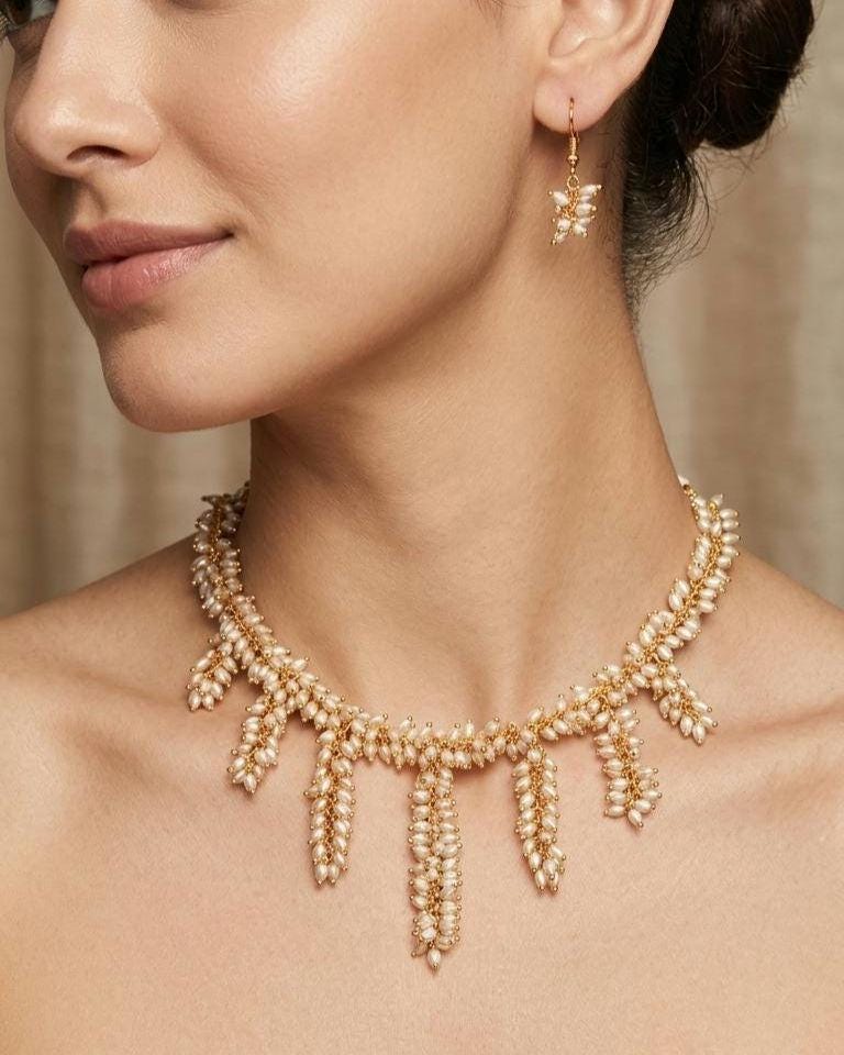 Handmade Rice Pearl Fringe Necklace and Dangle Earrings Set  Boho Bridal Jewelry