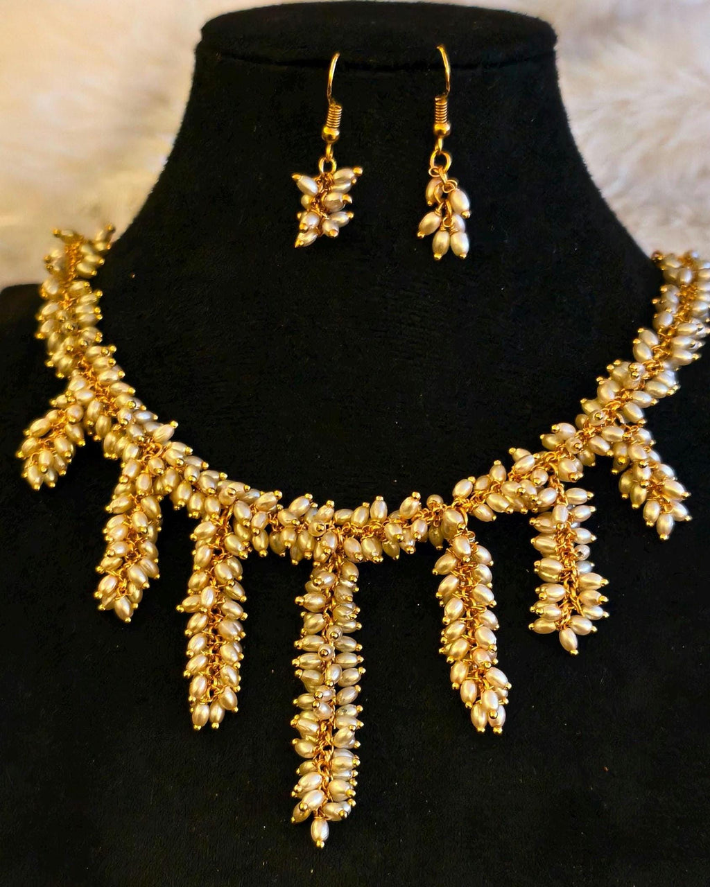 Handmade Rice Pearl Fringe Necklace and Dangle Earrings Set  Boho Bridal Jewelry