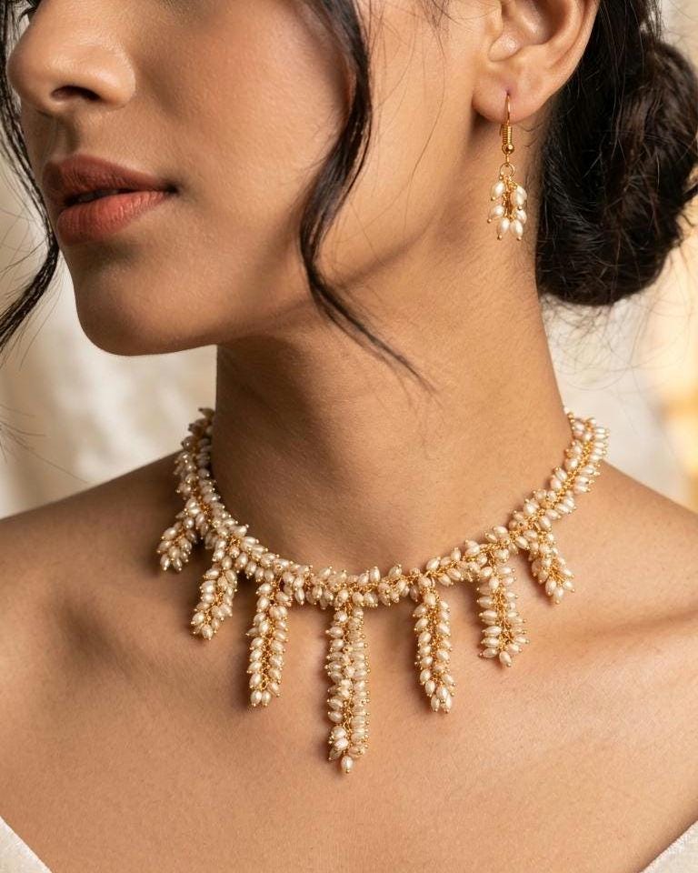 Handmade Rice Pearl Fringe Necklace and Dangle Earrings Set  Boho Bridal Jewelry