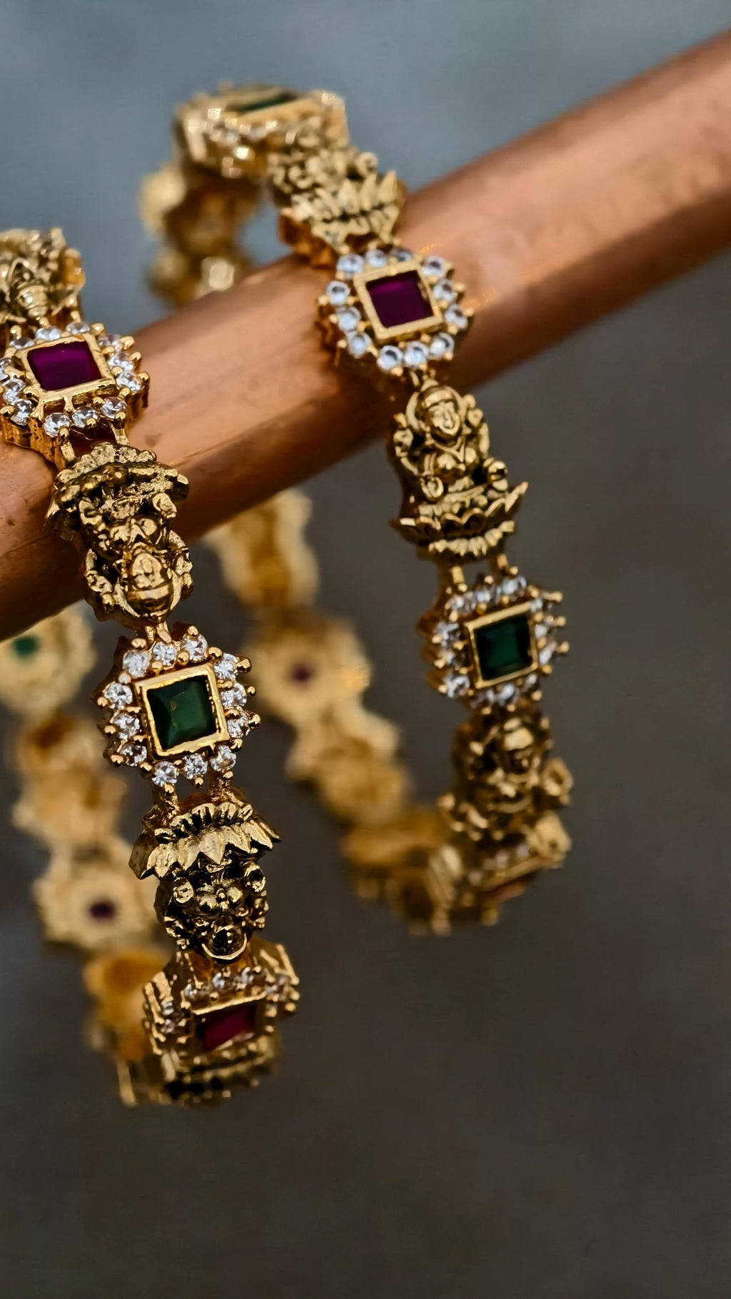 Gold Plated Lakshmi Nakshi Temple Bangles, Kemp Ruby Emerald Kada, Antique Indian Jewelry (2.6)