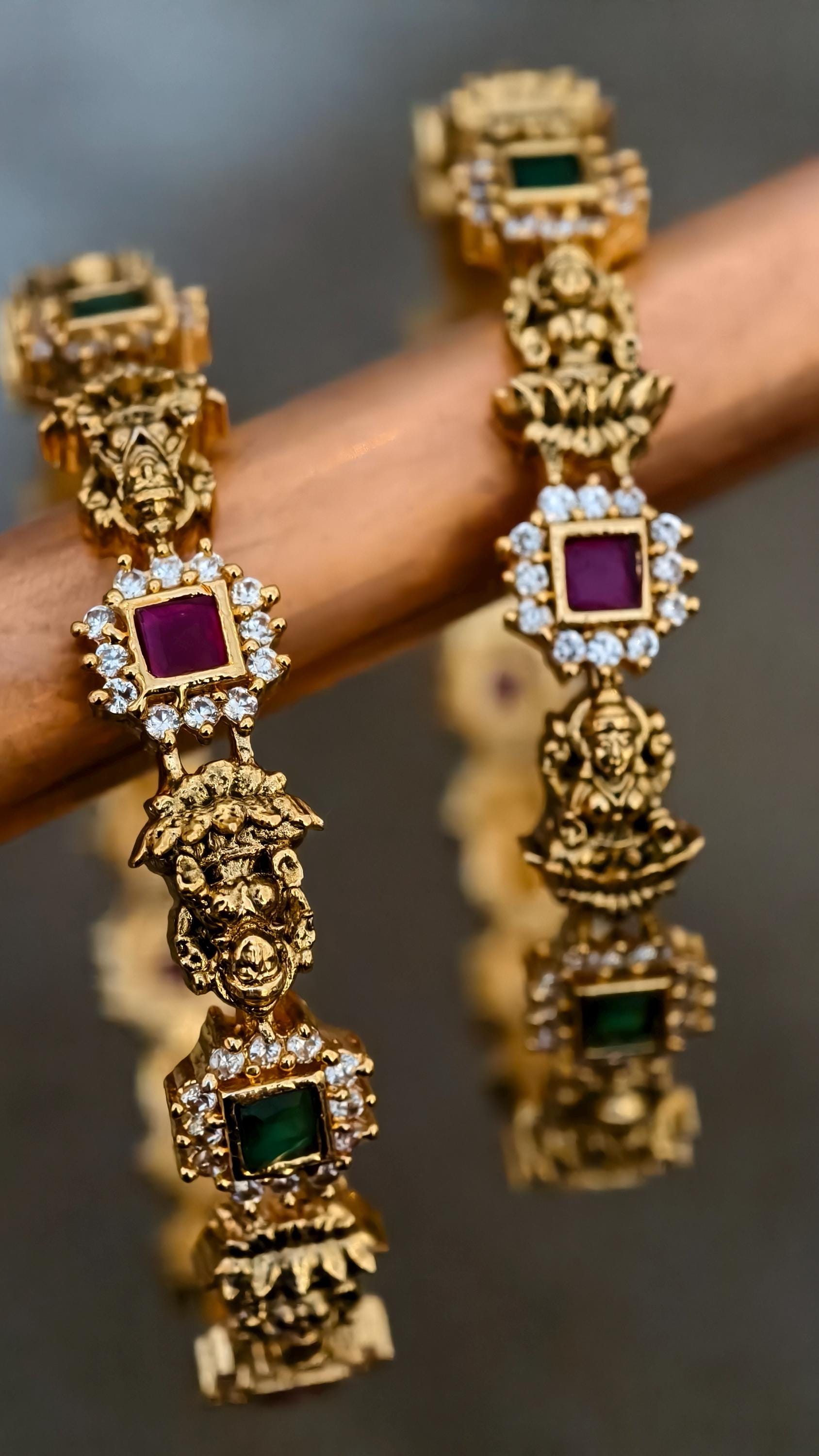 Gold Plated Lakshmi Nakshi Temple Bangles, Kemp Ruby Emerald Kada, Antique Indian Jewelry (2.6)
