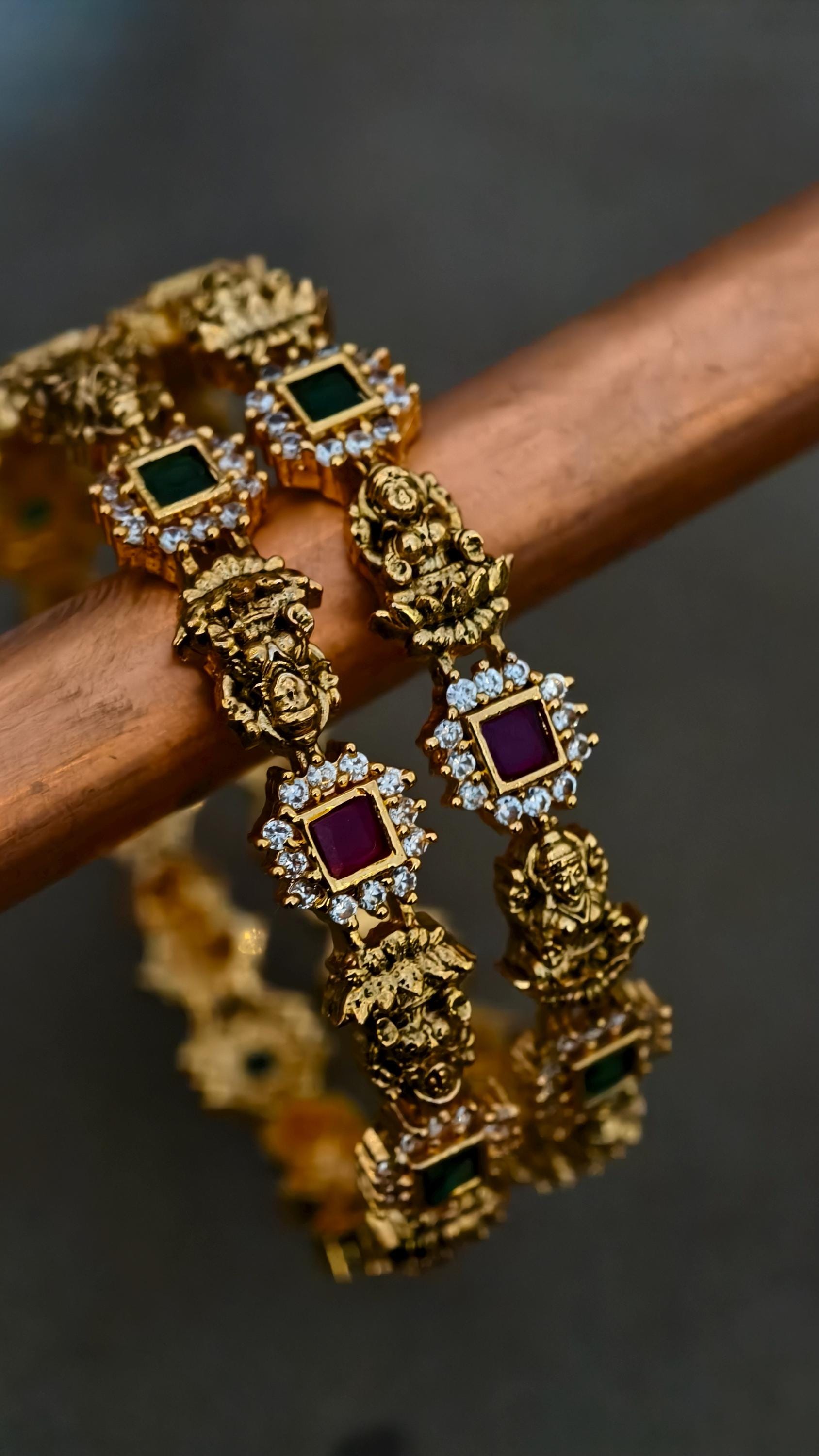 Gold Plated Lakshmi Nakshi Temple Bangles, Kemp Ruby Emerald Kada, Antique Indian Jewelry (2.6)