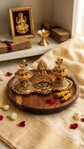 Gold Plated Twin Haldi Kumkum Container with Center Lakshmi | Festive Puja Decor | Indian Housewarming Return Gifts | Meenakari Style Dabbi