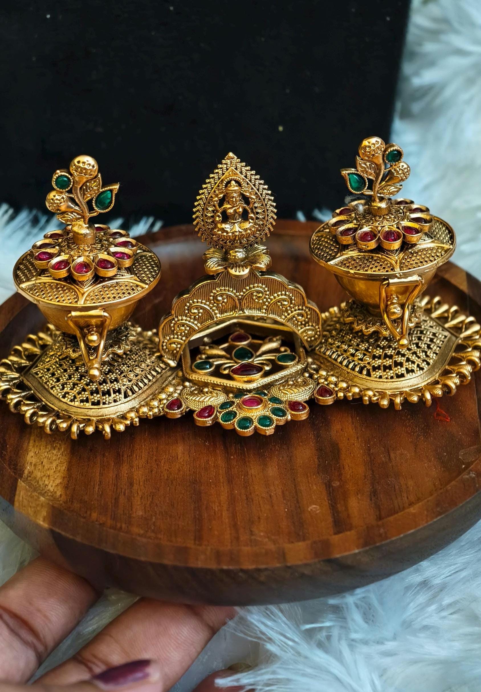 Gold Plated Twin Haldi Kumkum Container with Lakshmi | Meenakari Style Puja Decor