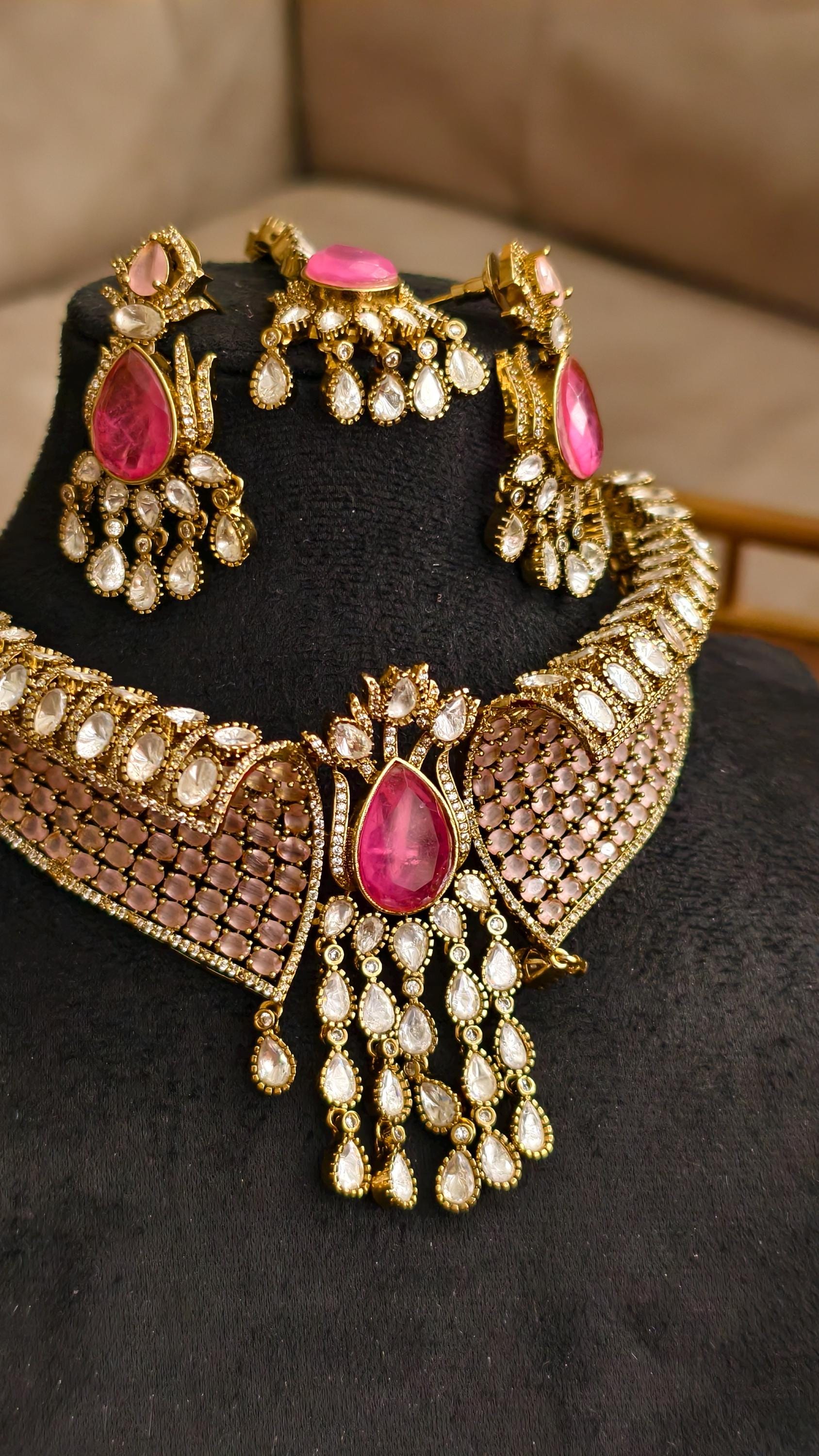 Designer Pink Kundan Necklace Set with Maang Tikka, Earrings | Bridal Choker | Polki Jewellery