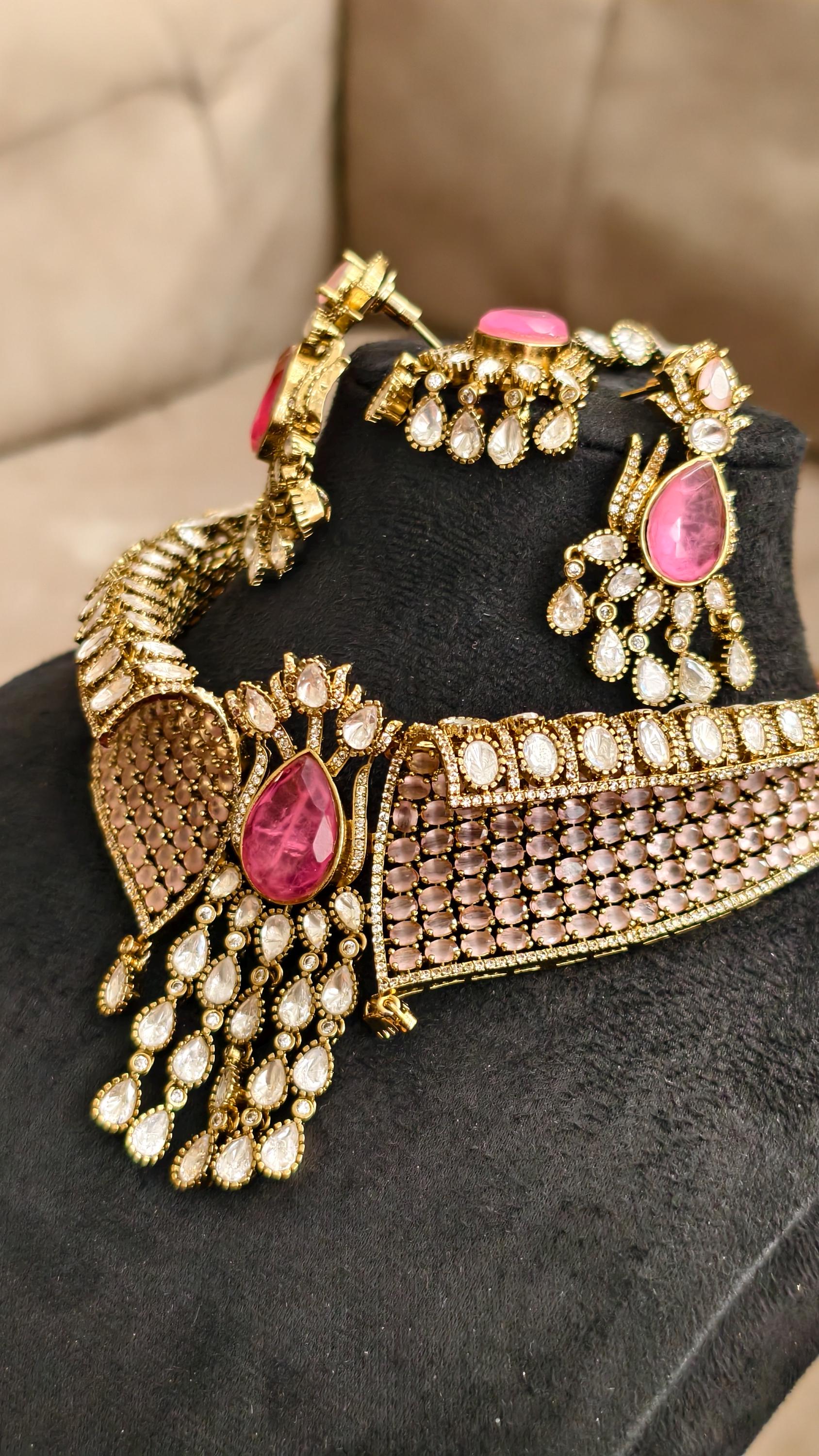 Designer Pink Kundan Necklace Set with Maang Tikka, Earrings | Bridal Choker | Polki Jewellery