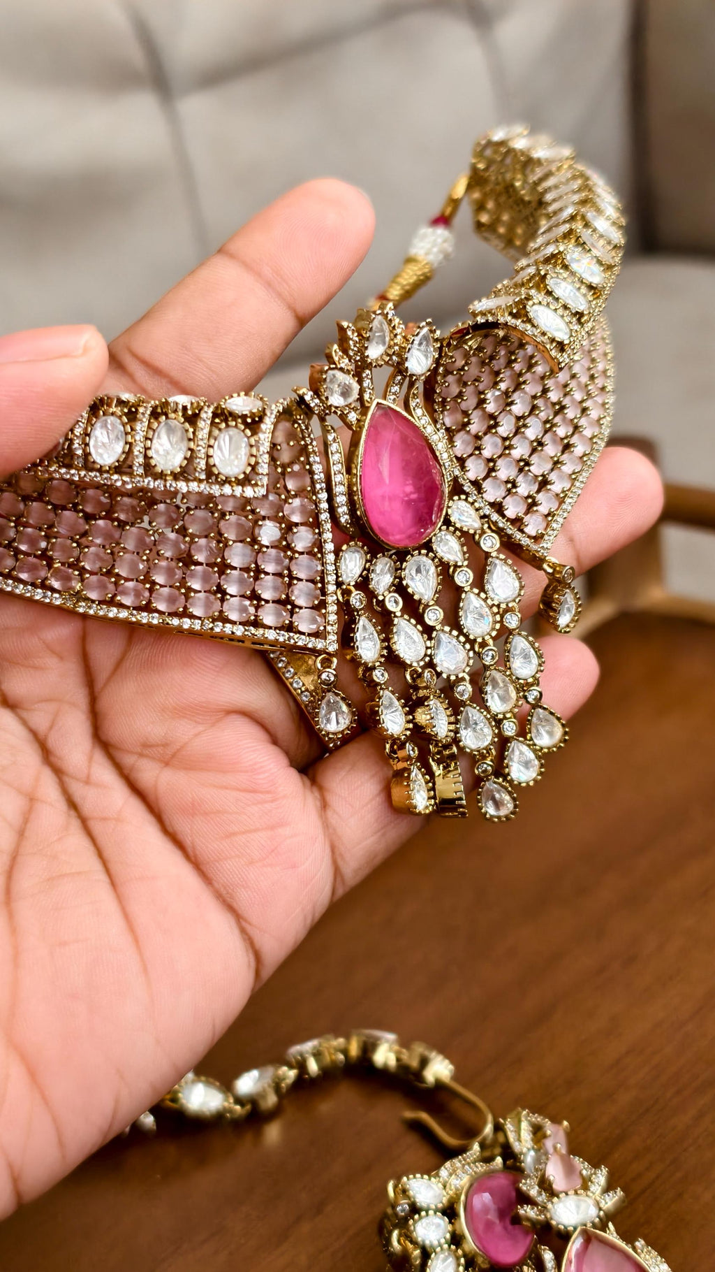 Designer Pink Kundan Necklace Set with Maang Tikka, Earrings | Bridal Choker | Polki Jewellery