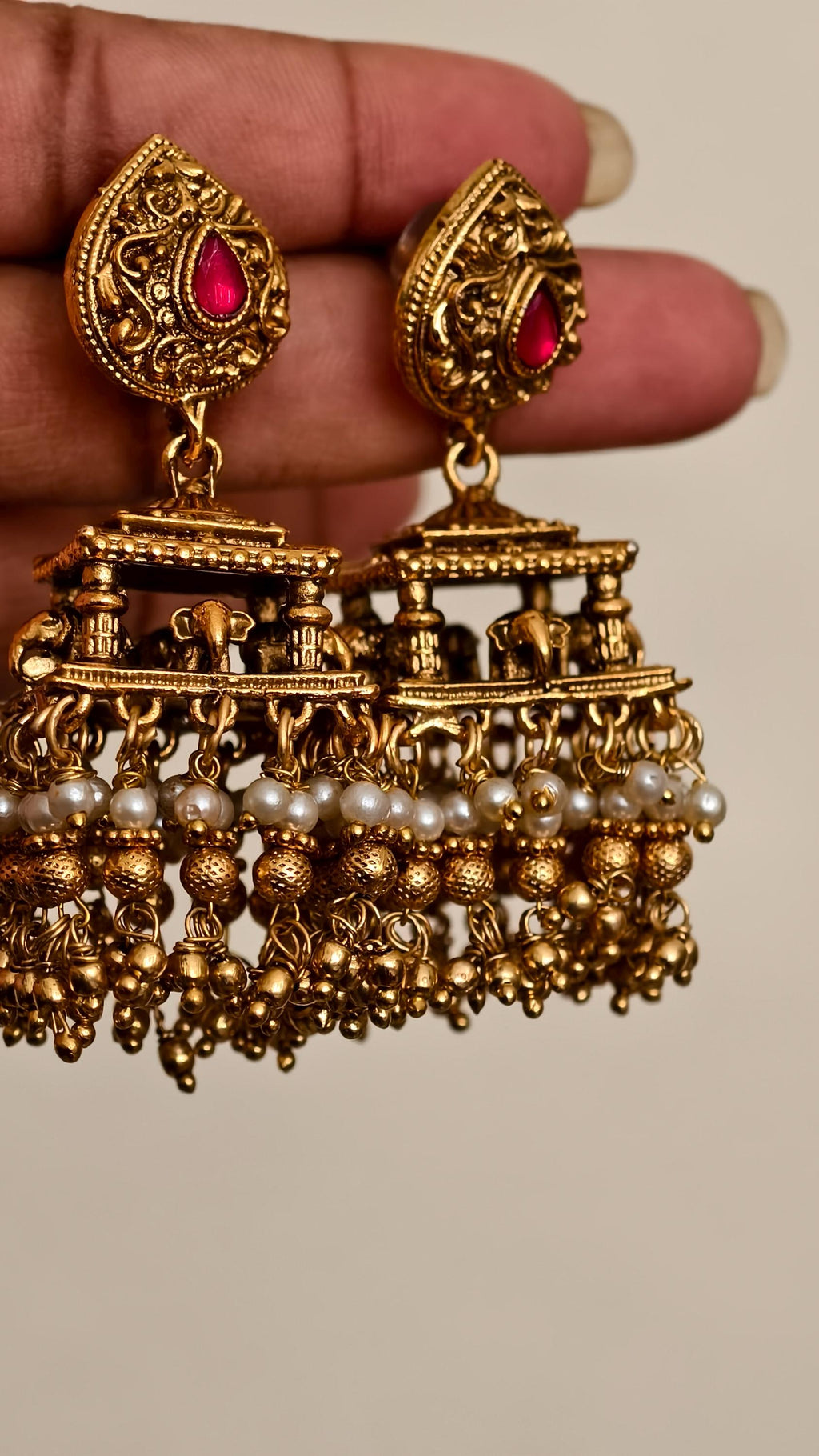 Antique Gold Elephant Temple Jhumka Earrings, Ruby Pink Stone Mandap Pearl Drop