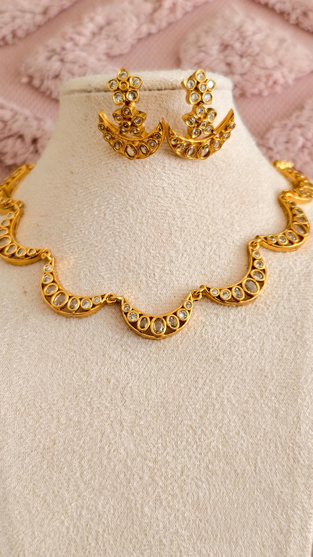Gold Plated Kundan Chandbali Necklace and Earring Set, Crescent Moon Bridal Choker