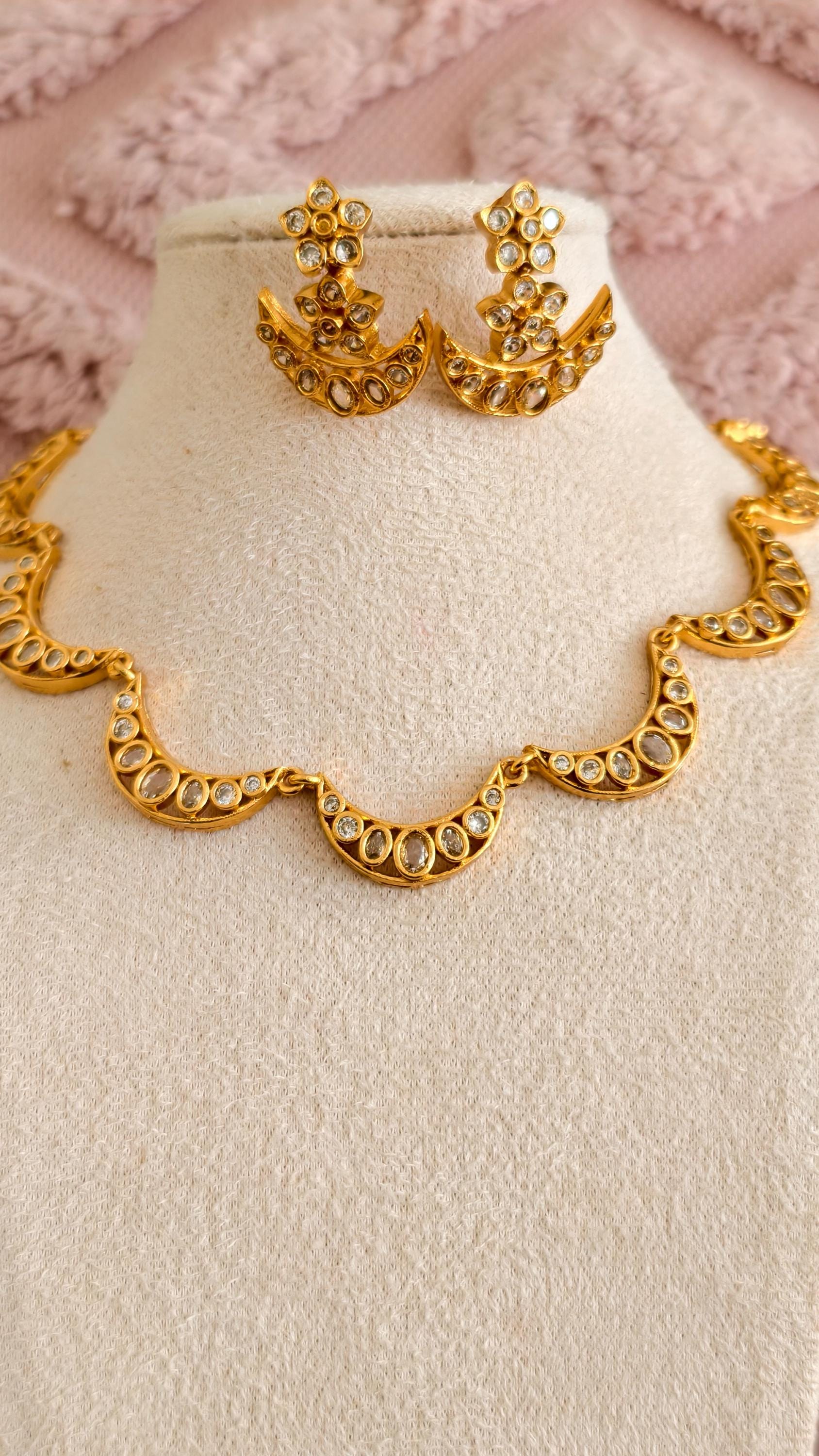 Gold Plated Kundan Chandbali Necklace and Earring Set, Crescent Moon Bridal Choker