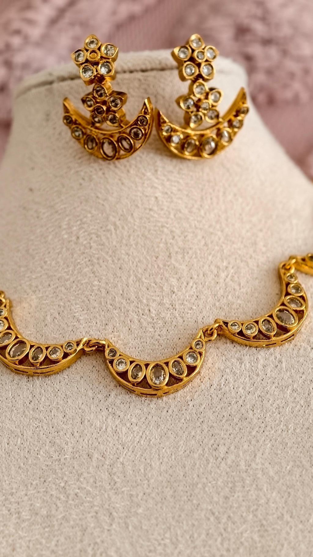 Gold Plated Kundan Chandbali Necklace and Earring Set, Crescent Moon Bridal Choker