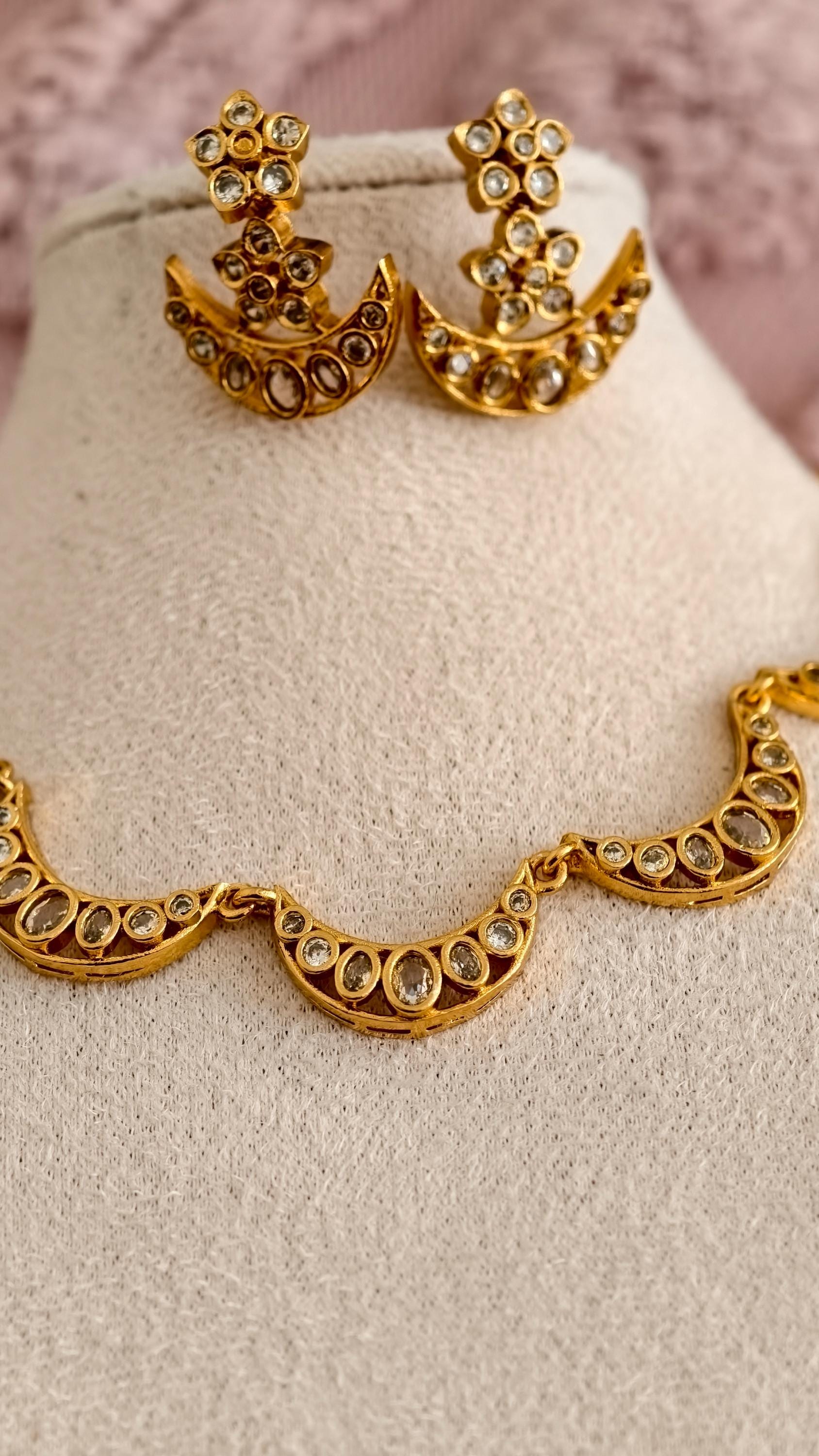 Gold Plated Kundan Chandbali Necklace and Earring Set, Crescent Moon Bridal Choker