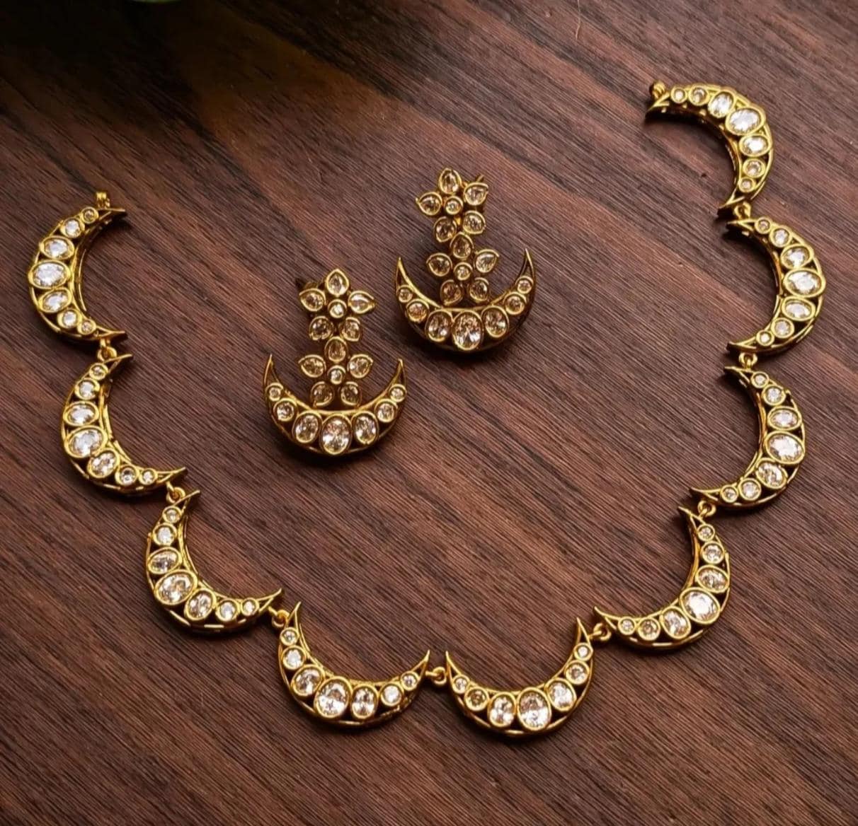 Gold Plated Kundan Chandbali Necklace and Earring Set, Crescent Moon Bridal Choker