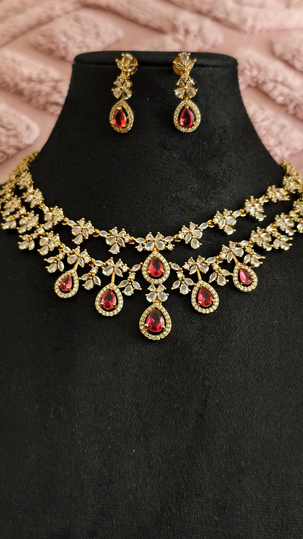 Gold Teardrop Necklace Earrings Set, Bridal Choker, Indian Wedding Crystal Jewelry