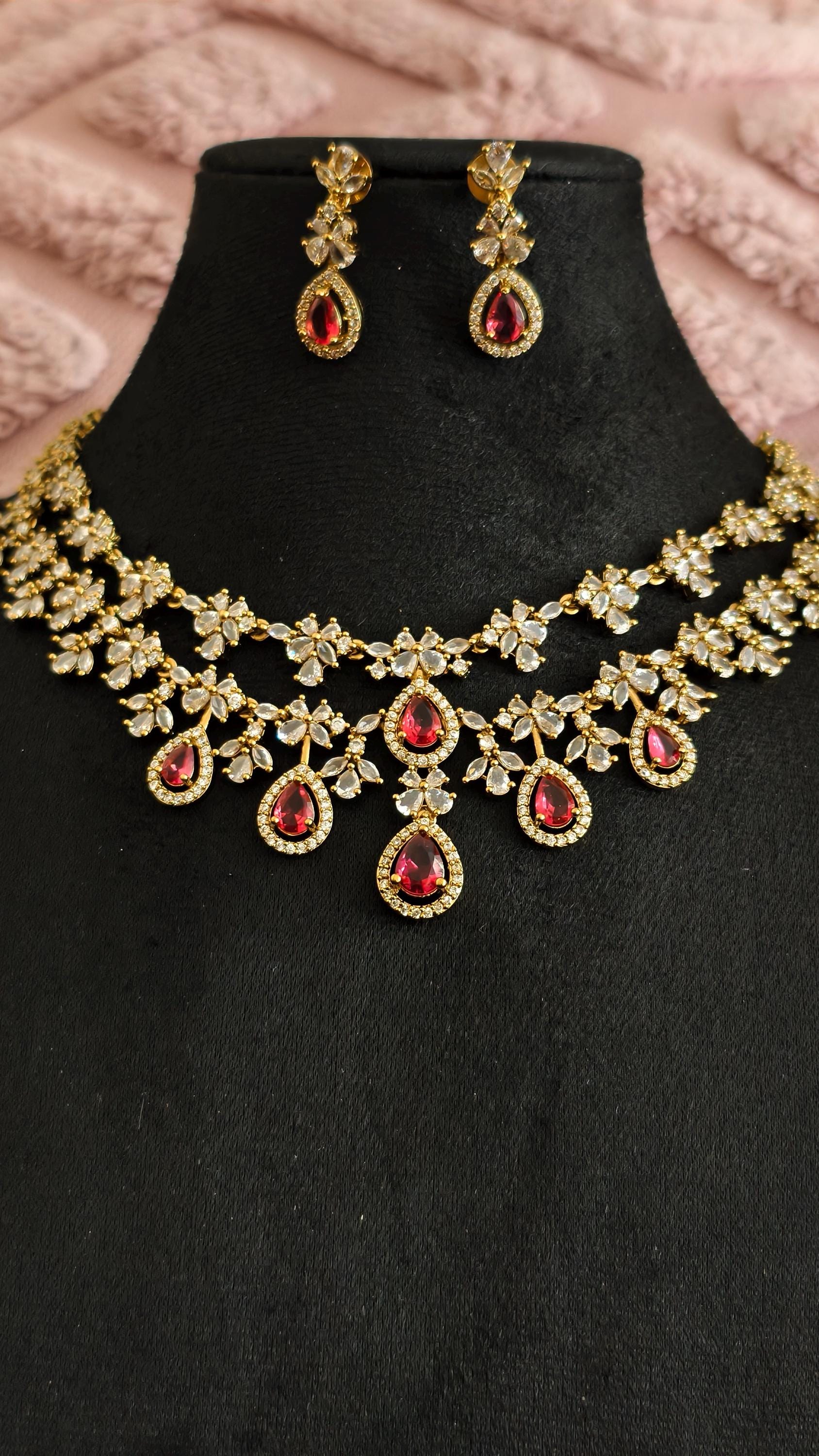 Gold Teardrop Necklace Earrings Set, Bridal Choker, Indian Wedding Crystal Jewelry