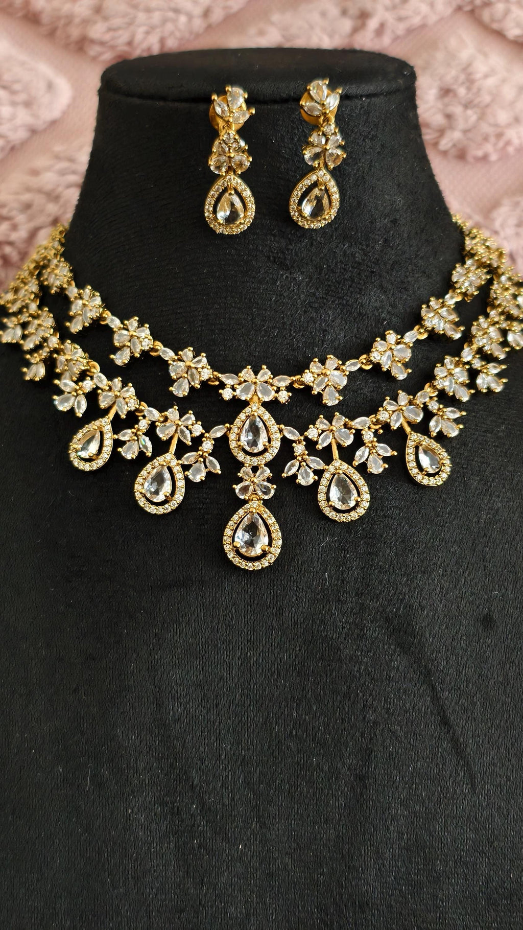 Gold Teardrop Necklace Earrings Set, Bridal Choker, Indian Wedding Crystal Jewelry