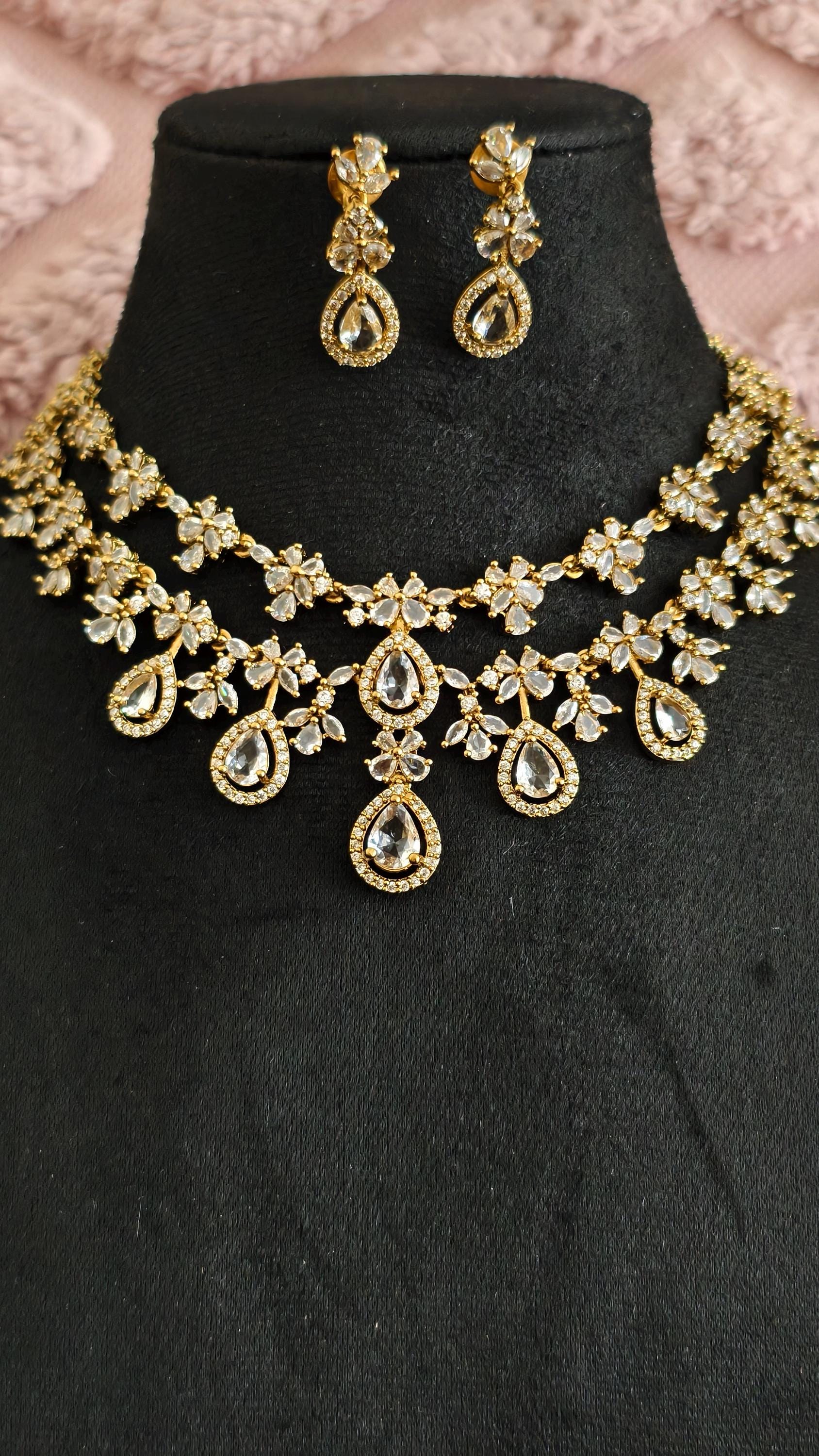 Gold Teardrop Necklace Earrings Set, Bridal Choker, Indian Wedding Crystal Jewelry
