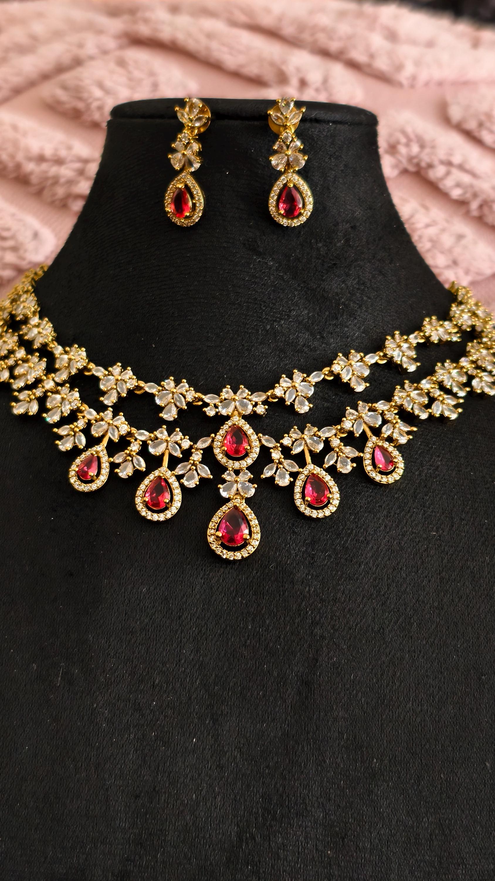 Gold Teardrop Necklace Earrings Set, Bridal Choker, Indian Wedding Crystal Jewelry