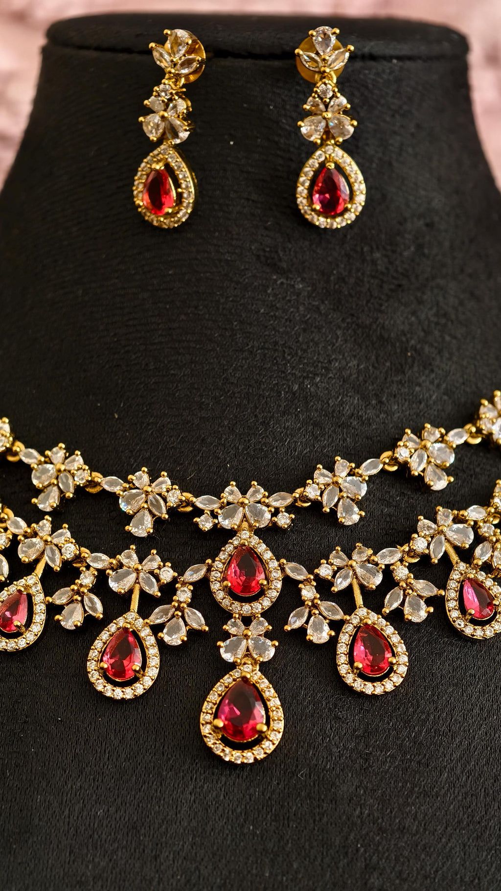 Gold Teardrop Necklace Earrings Set, Bridal Choker, Indian Wedding Crystal Jewelry
