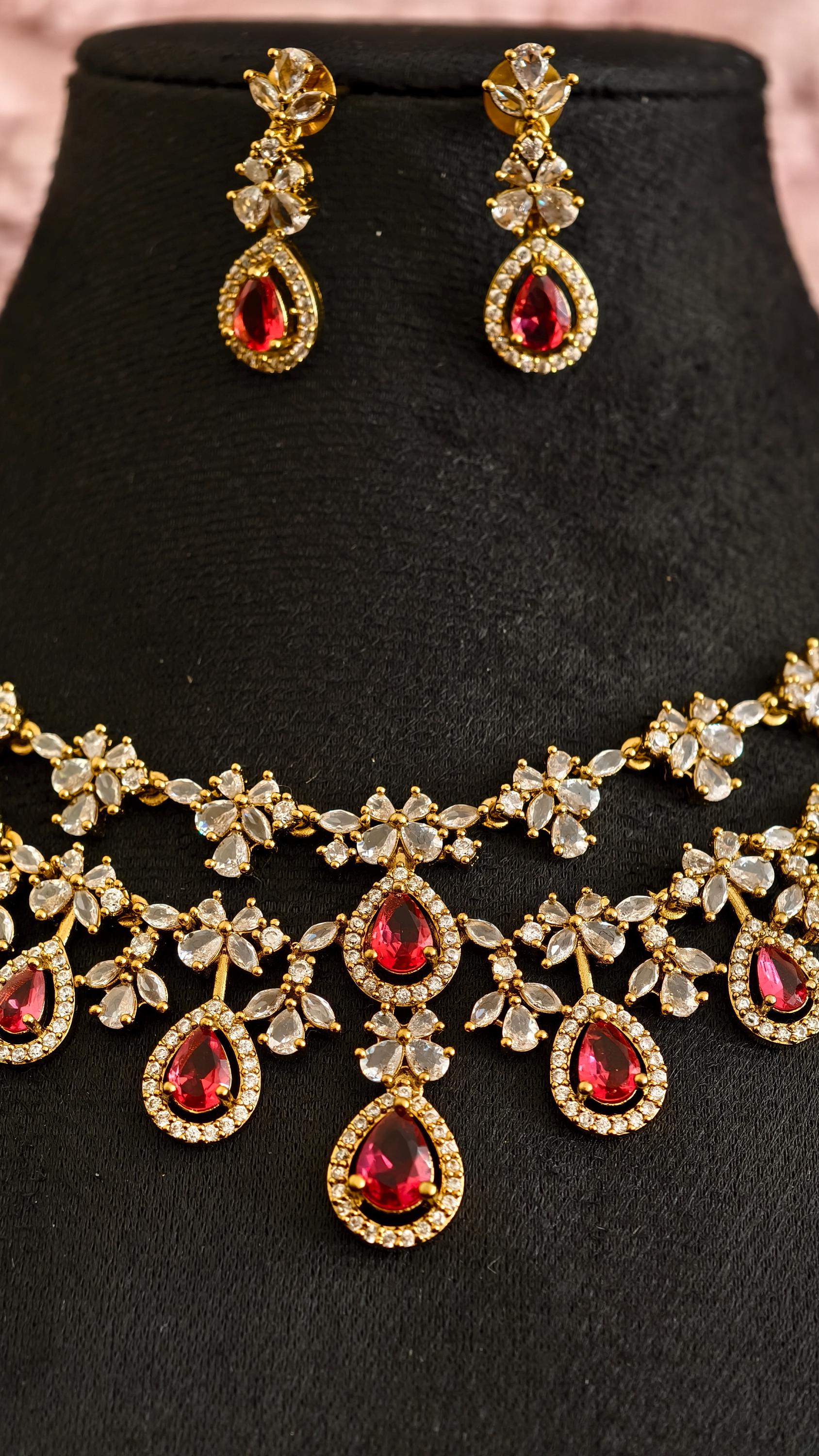 Gold Teardrop Necklace Earrings Set, Bridal Choker, Indian Wedding Crystal Jewelry