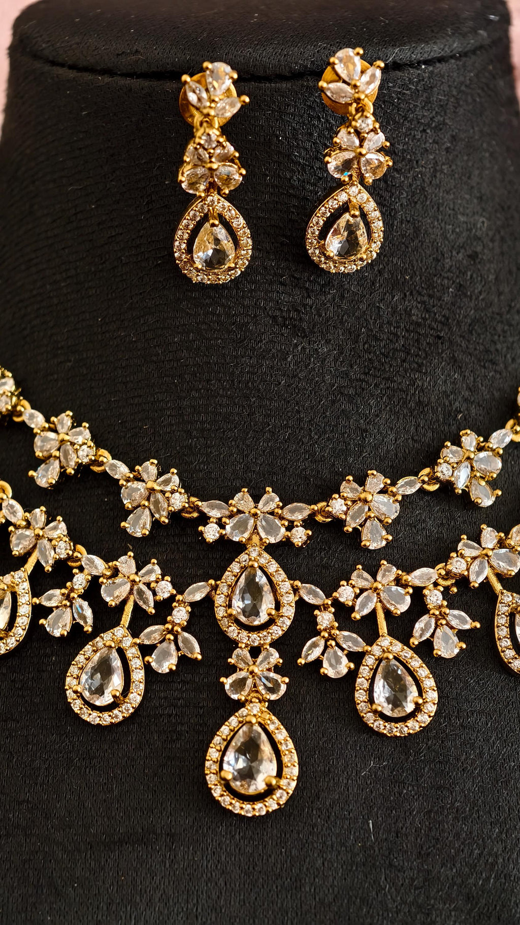 Gold Teardrop Necklace Earrings Set, Bridal Choker, Indian Wedding Crystal Jewelry
