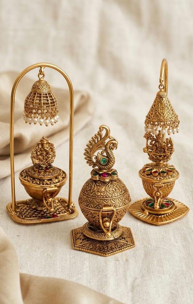 Antique Gold-Plated Brass Kumkum Dabbis | Ganesha, Peacock, Lakshmi Designs