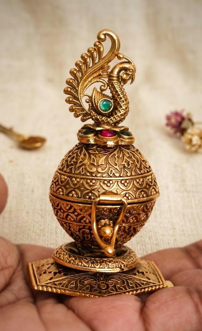Antique Gold-Plated Brass Kumkum Dabbis | Ganesha, Peacock, Lakshmi Designs