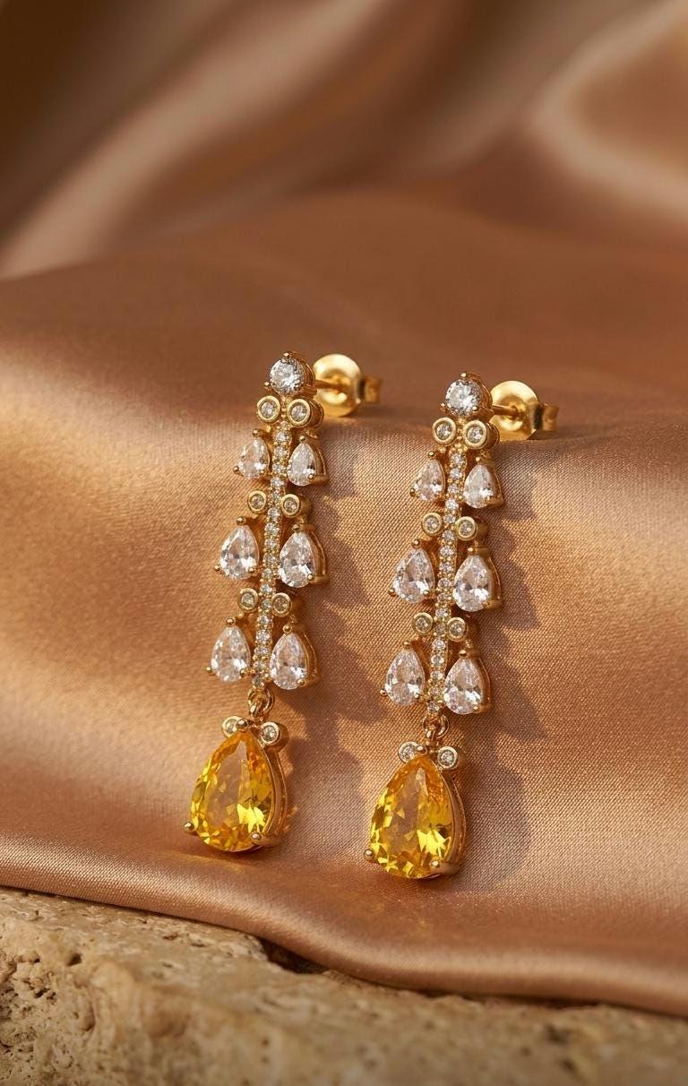 18k Gold Plated Citrine Teardrop Earrings, Leaf Marquise Statement Dangle Bridal Jewelry