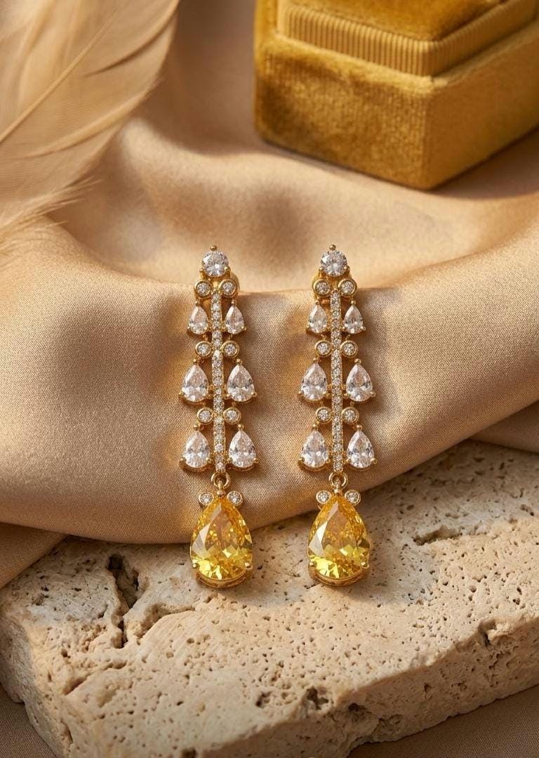 18k Gold Plated Citrine Teardrop Earrings, Leaf Marquise Statement Dangle Bridal Jewelry