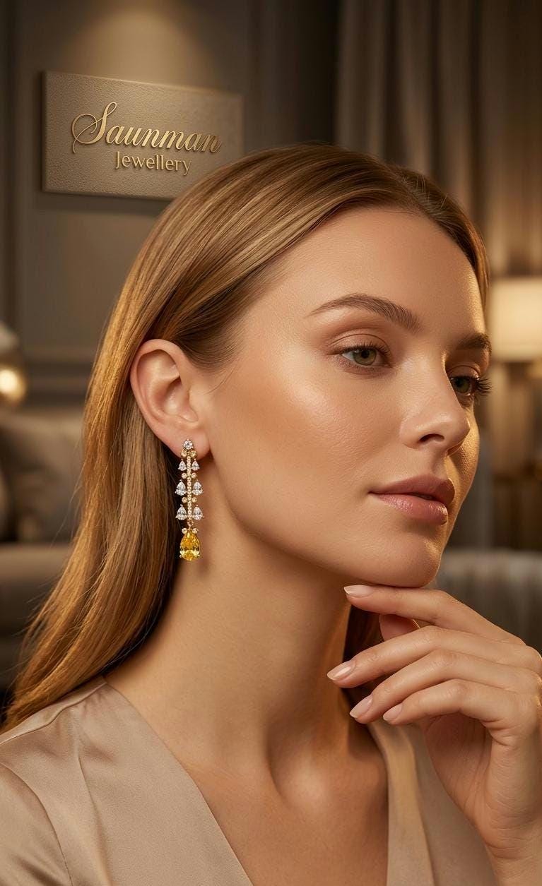 18k Gold Plated Citrine Teardrop Earrings, Leaf Marquise Statement Dangle Bridal Jewelry